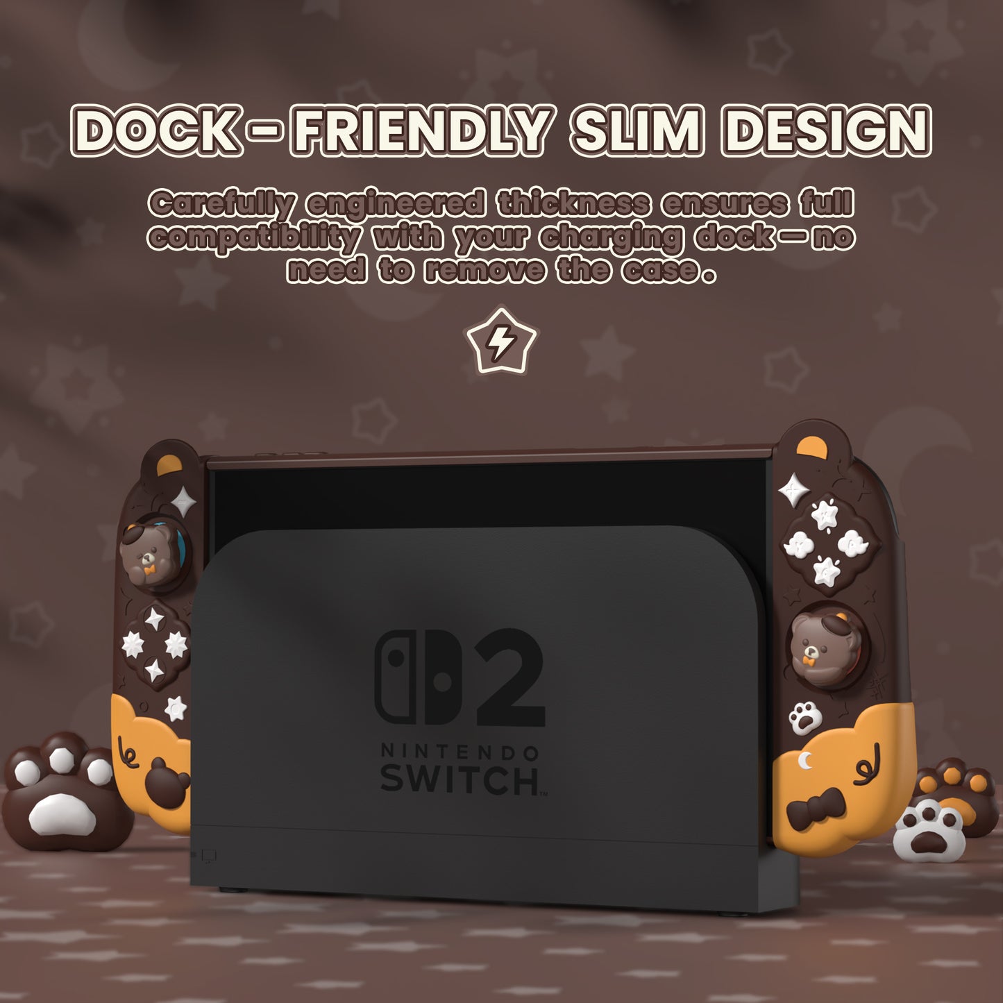 PlayVital Good Night Bear Nintendo Switch 2（2025）対応保護カバーケース シリコン製セパレートグリップ+PC製ハードバックカバー 親指グリップキャップ付き 【茶色】