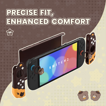 PlayVital Good Night Bear Nintendo Switch 2（2025）対応保護カバーケース シリコン製セパレートグリップ+PC製ハードバックカバー 親指グリップキャップ付き 【茶色】