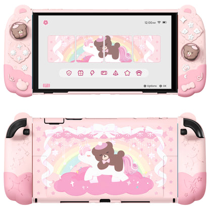 PlayVital Good Night Bear Nintendo Switch 2（2025）対応保護カバーケース シリコン製セパレートグリップ+PC製ハードバックカバー 親指グリップキャップ付き 【ピンク】