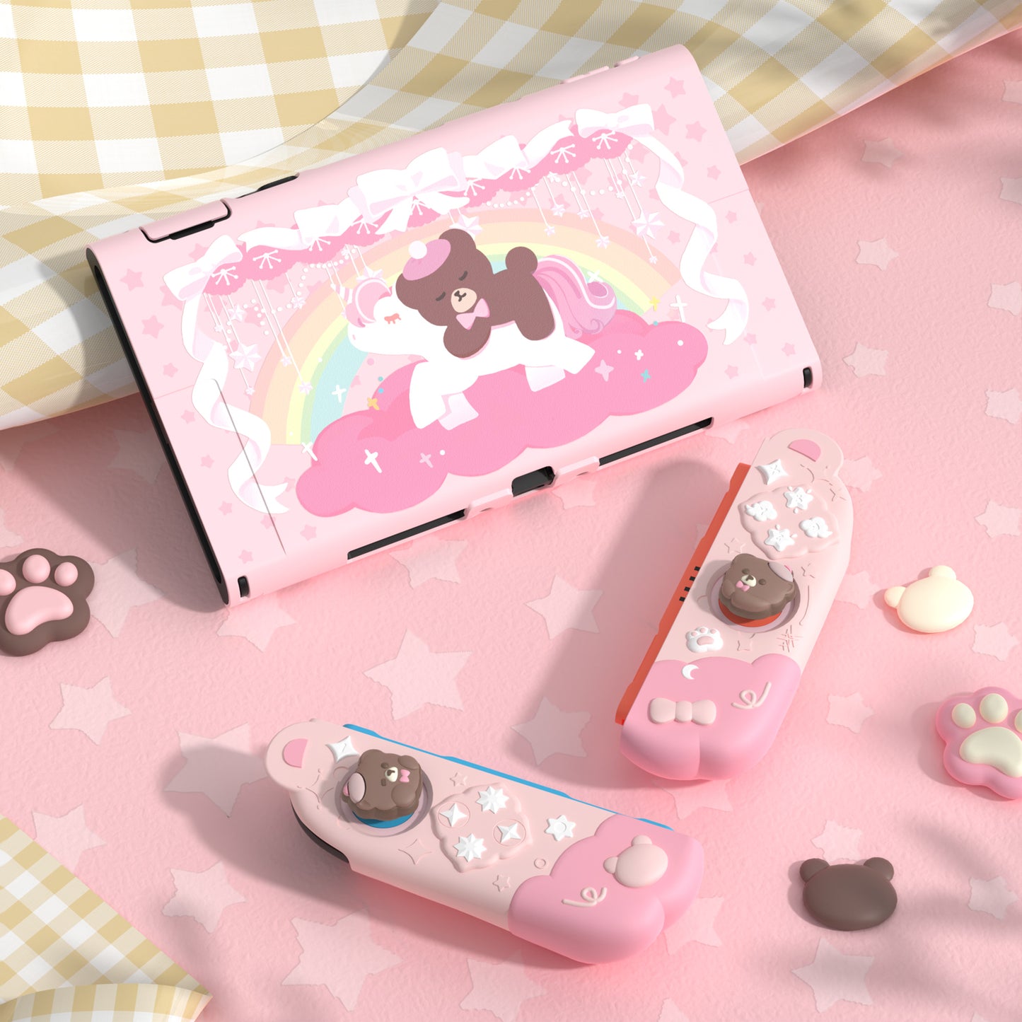 PlayVital Good Night Bear Nintendo Switch 2（2025）対応保護カバーケース シリコン製セパレートグリップ+PC製ハードバックカバー 親指グリップキャップ付き 【ピンク】