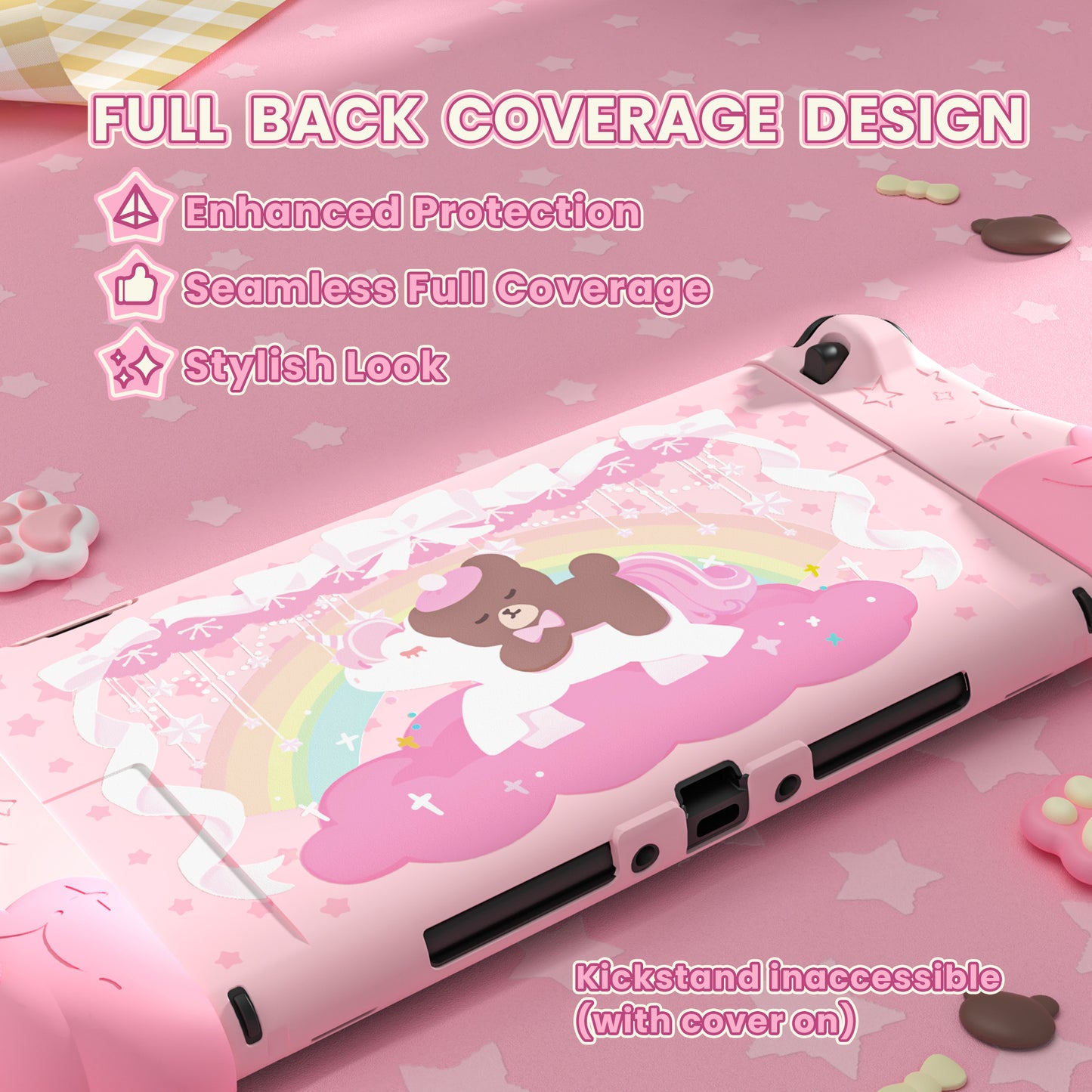 PlayVital Good Night Bear Nintendo Switch 2（2025）対応保護カバーケース シリコン製セパレートグリップ+PC製ハードバックカバー 親指グリップキャップ付き 【ピンク】