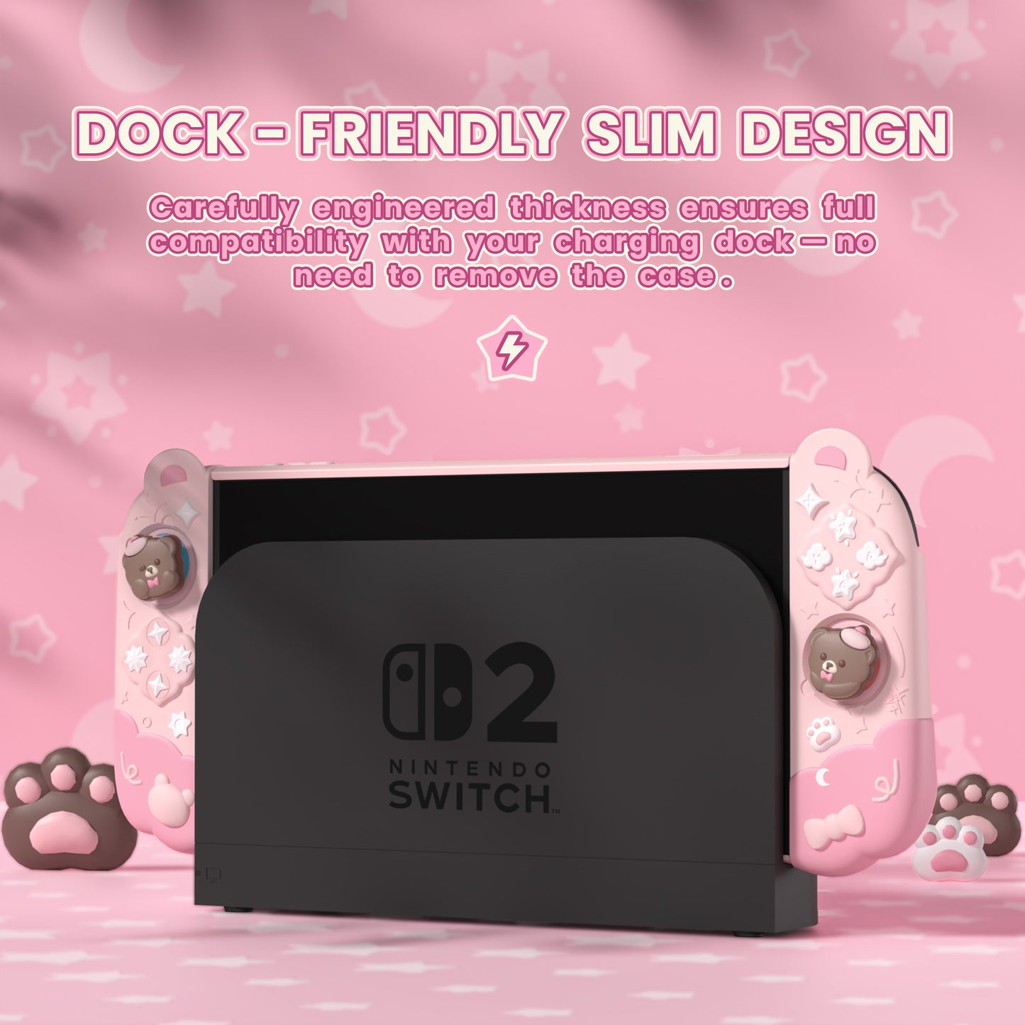 PlayVital Good Night Bear Nintendo Switch 2（2025）対応保護カバーケース シリコン製セパレートグリップ+PC製ハードバックカバー 親指グリップキャップ付き 【ピンク】
