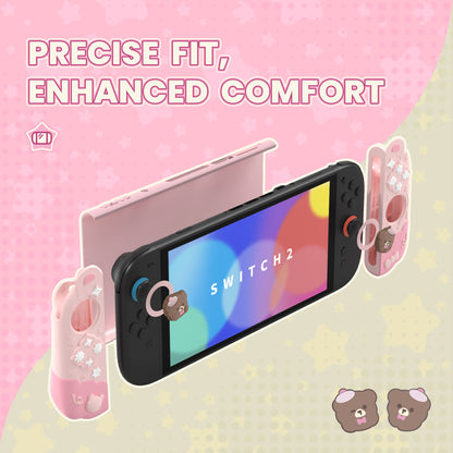 PlayVital Good Night Bear Nintendo Switch 2（2025）対応保護カバーケース シリコン製セパレートグリップ+PC製ハードバックカバー 親指グリップキャップ付き 【ピンク】