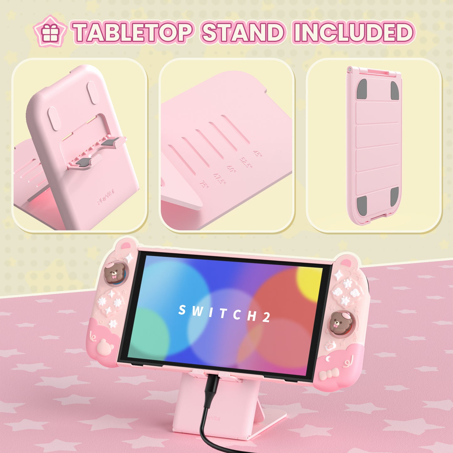 PlayVital Good Night Bear Nintendo Switch 2（2025）対応保護カバーケース シリコン製セパレートグリップ+PC製ハードバックカバー 親指グリップキャップ付き 【ピンク】