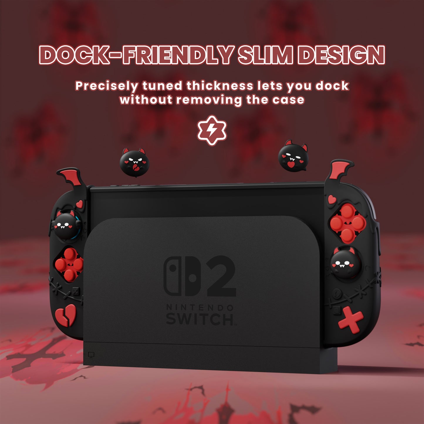 PlayVital ゴシックインプ シリーズ プロテクティブケース Nintendo Switch 2 用 サムグリップ＆ステッカー付き かわいい・ダークデザイン ドック対応 ハードケース【ブラック】