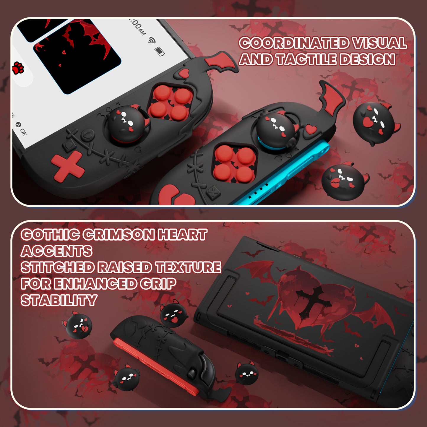 PlayVital ゴシックインプ シリーズ プロテクティブケース Nintendo Switch 2 用 サムグリップ＆ステッカー付き かわいい・ダークデザイン ドック対応 ハードケース【ブラック】