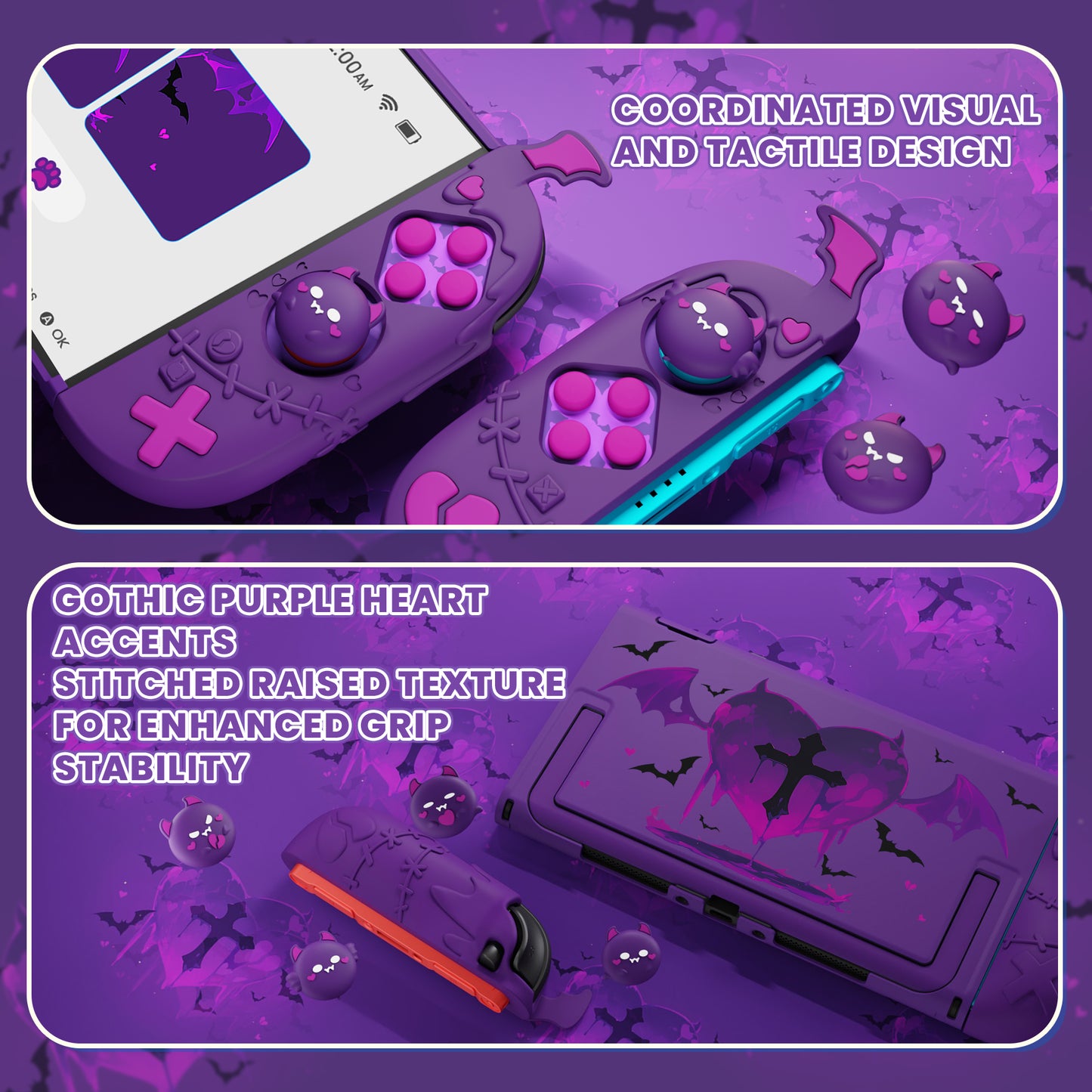 PlayVital ゴシックインプ シリーズ プロテクティブケース Nintendo Switch 2 用 サムグリップ＆ステッカー付き かわいい・ダークデザイン ドック対応 ハードケース【パープル】