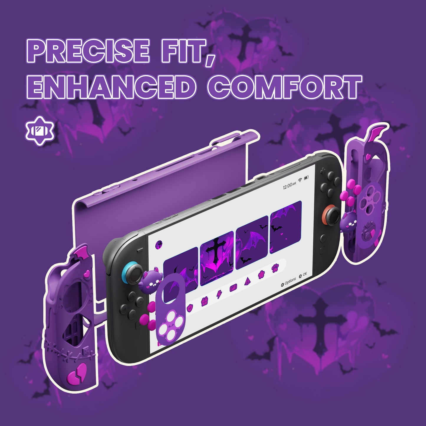 PlayVital ゴシックインプ シリーズ プロテクティブケース Nintendo Switch 2 用 サムグリップ＆ステッカー付き かわいい・ダークデザイン ドック対応 ハードケース【パープル】