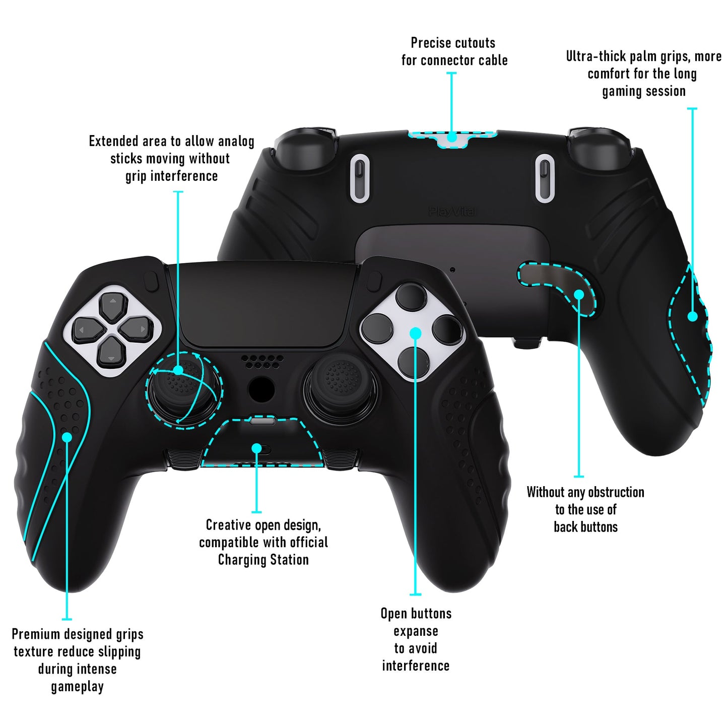 PlayVital Guardian Edition Anti-Slip Ergonomic Silicone Cover Case with Thumb Grip Caps for PS5 Edge Controller - Black - EHPFP001 PlayVital