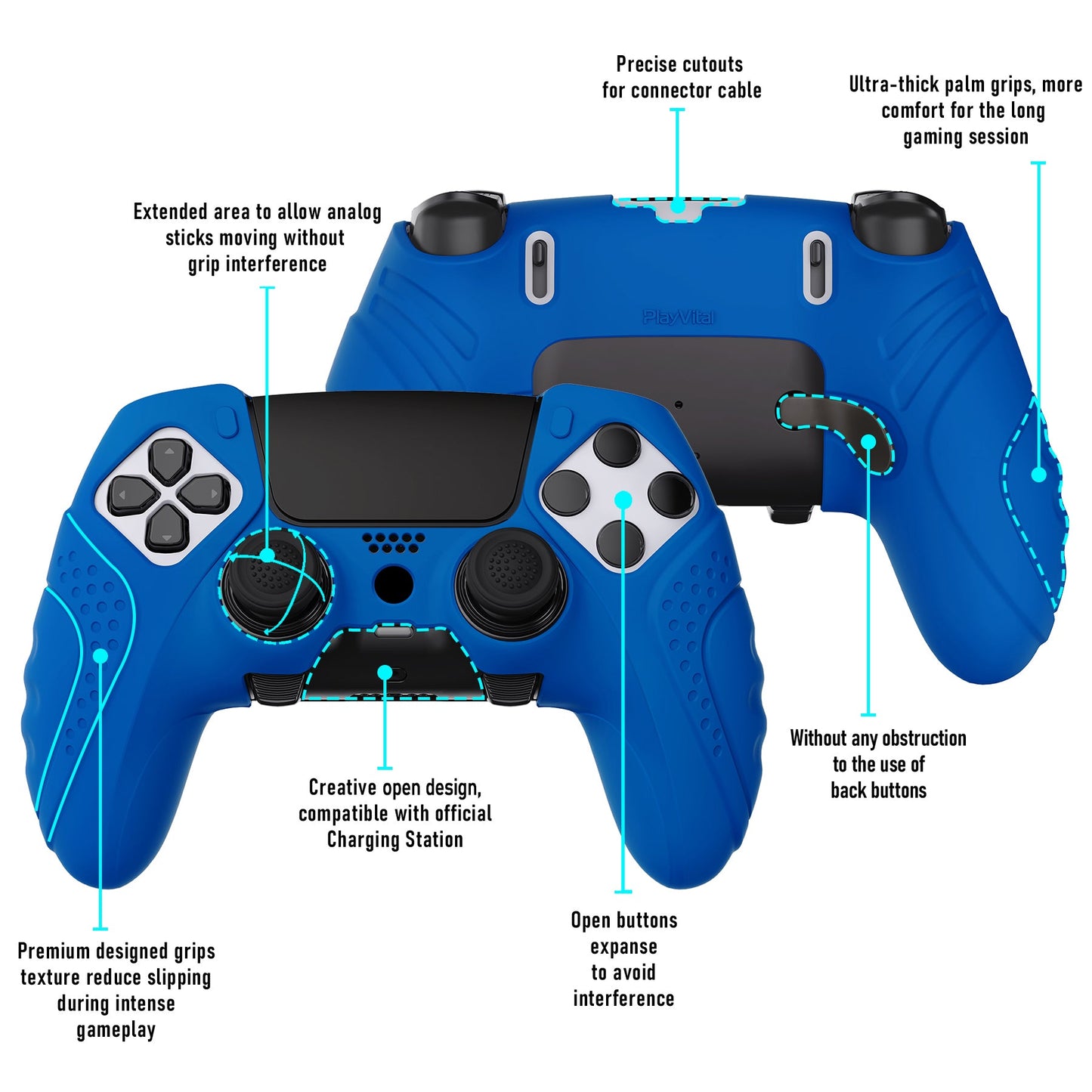 PlayVital Guardian Edition Anti-Slip Ergonomic Silicone Cover Case with Thumb Grip Caps for PS5 Edge Controller - Blue - EHPFP008 PlayVital