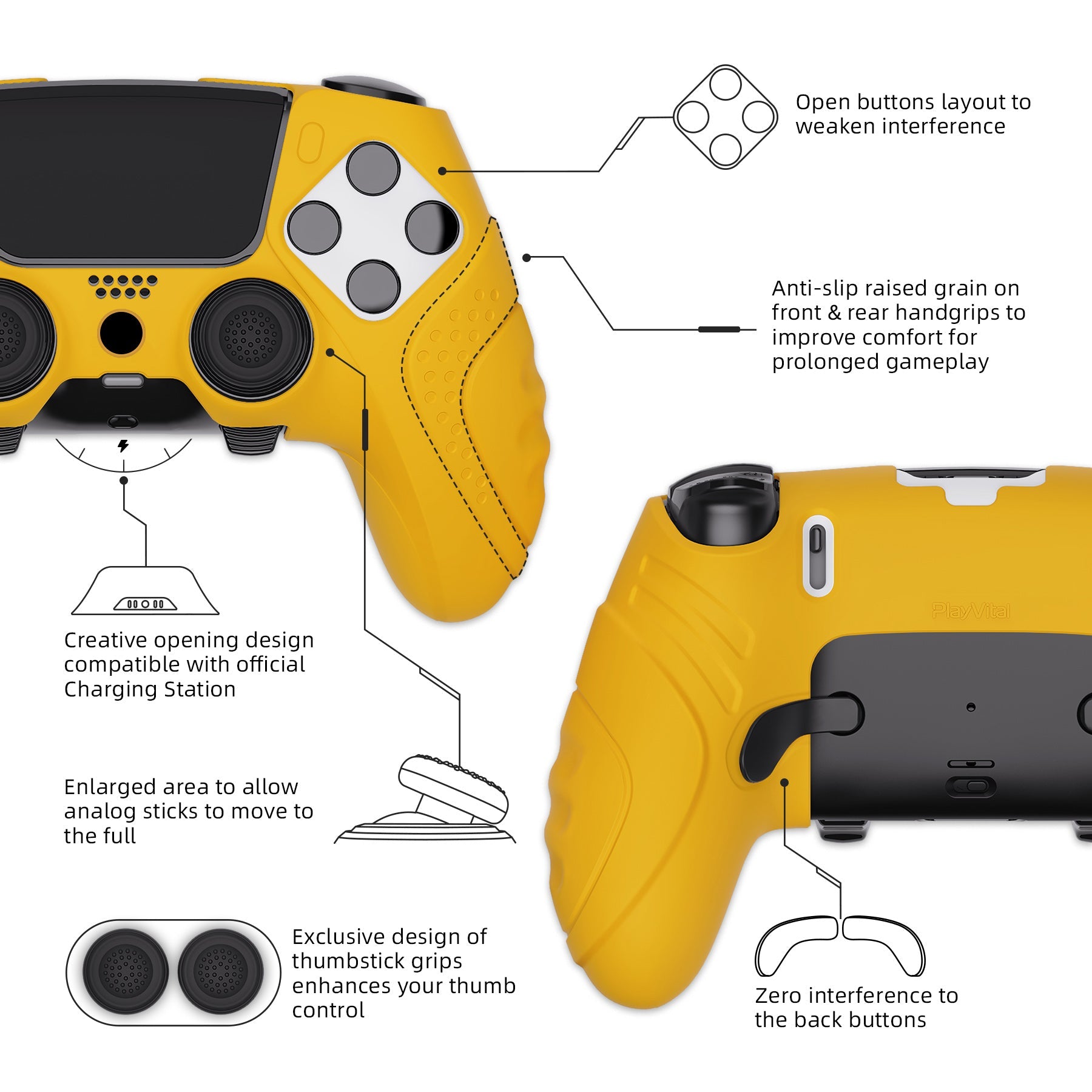 PlayVital Guardian Edition Anti-Slip Ergonomic Silicone Cover Case with Thumb Grip Caps for PS5 Edge Controller - Caution Yellow - EHPFP012 PlayVital