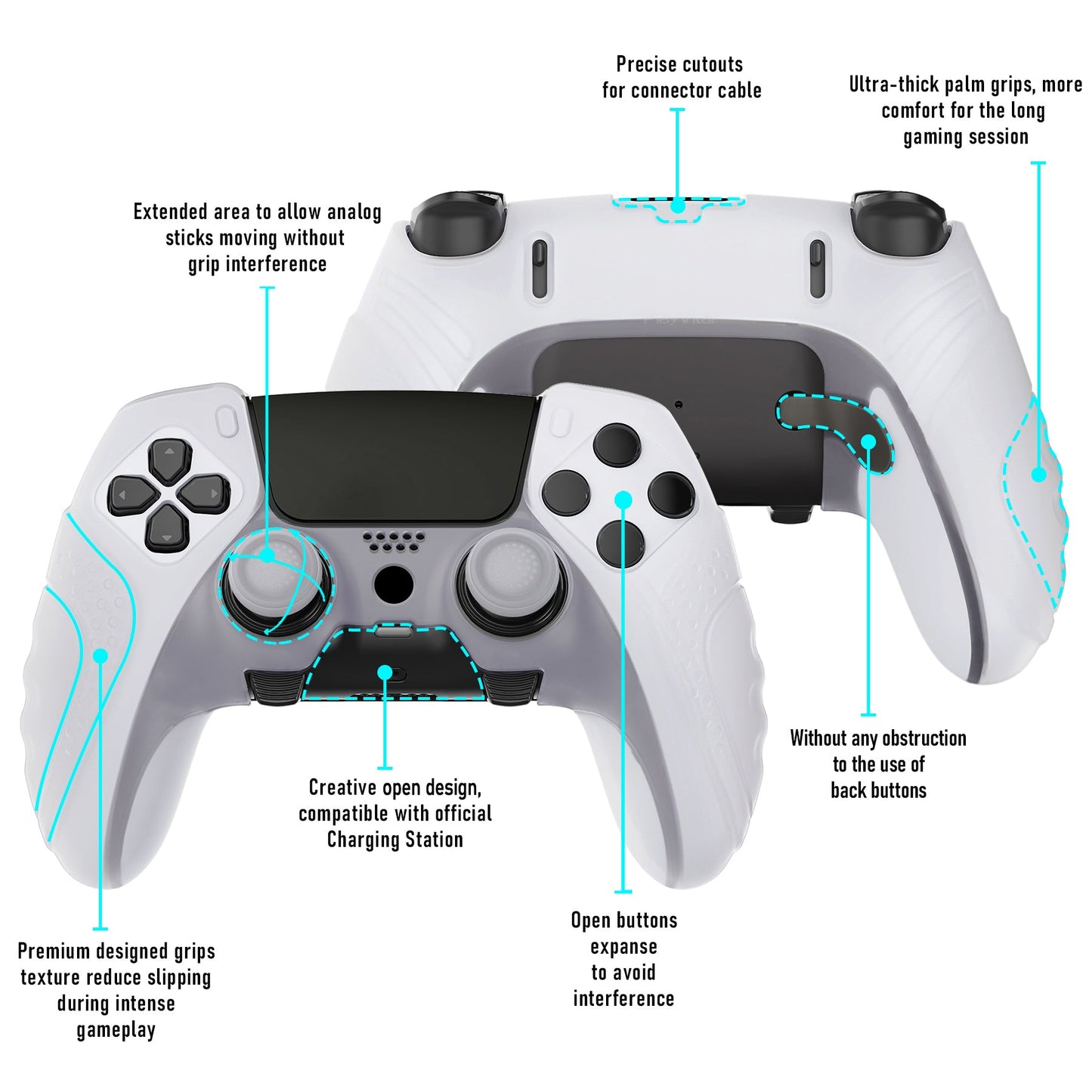 PlayVital Guardian Edition Anti-Slip Ergonomic Silicone Cover Case with Thumb Grip Caps for PS5 Edge Controller - Clear White - EHPFP003 PlayVital