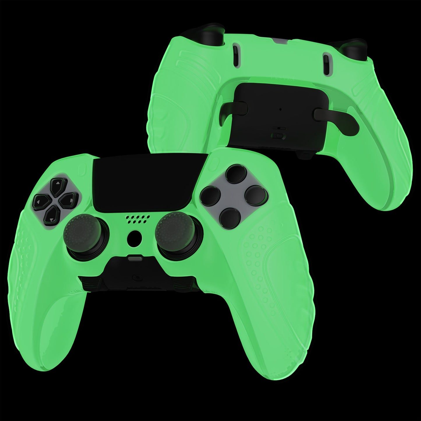 PlayVital Guardian Edition Anti-Slip Ergonomic Silicone Cover Case with Thumb Grip Caps for PS5 Edge Controller - Glow in Dark - Green - EHPFP006 PlayVital