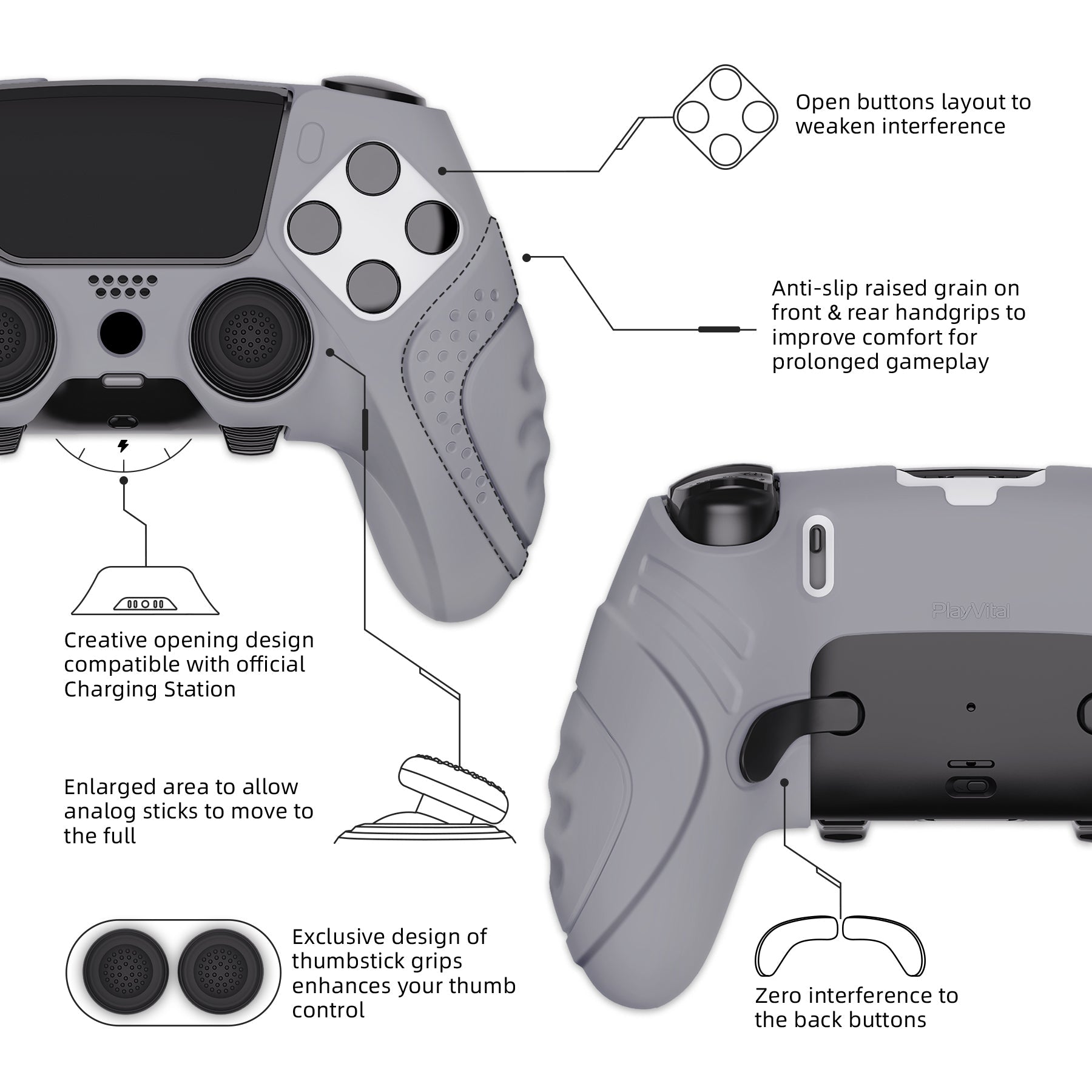 PlayVital Guardian Edition Anti-Slip Ergonomic Silicone Cover Case with Thumb Grip Caps for PS5 Edge Controller - Metallic Gray - EHPFP011 PlayVital