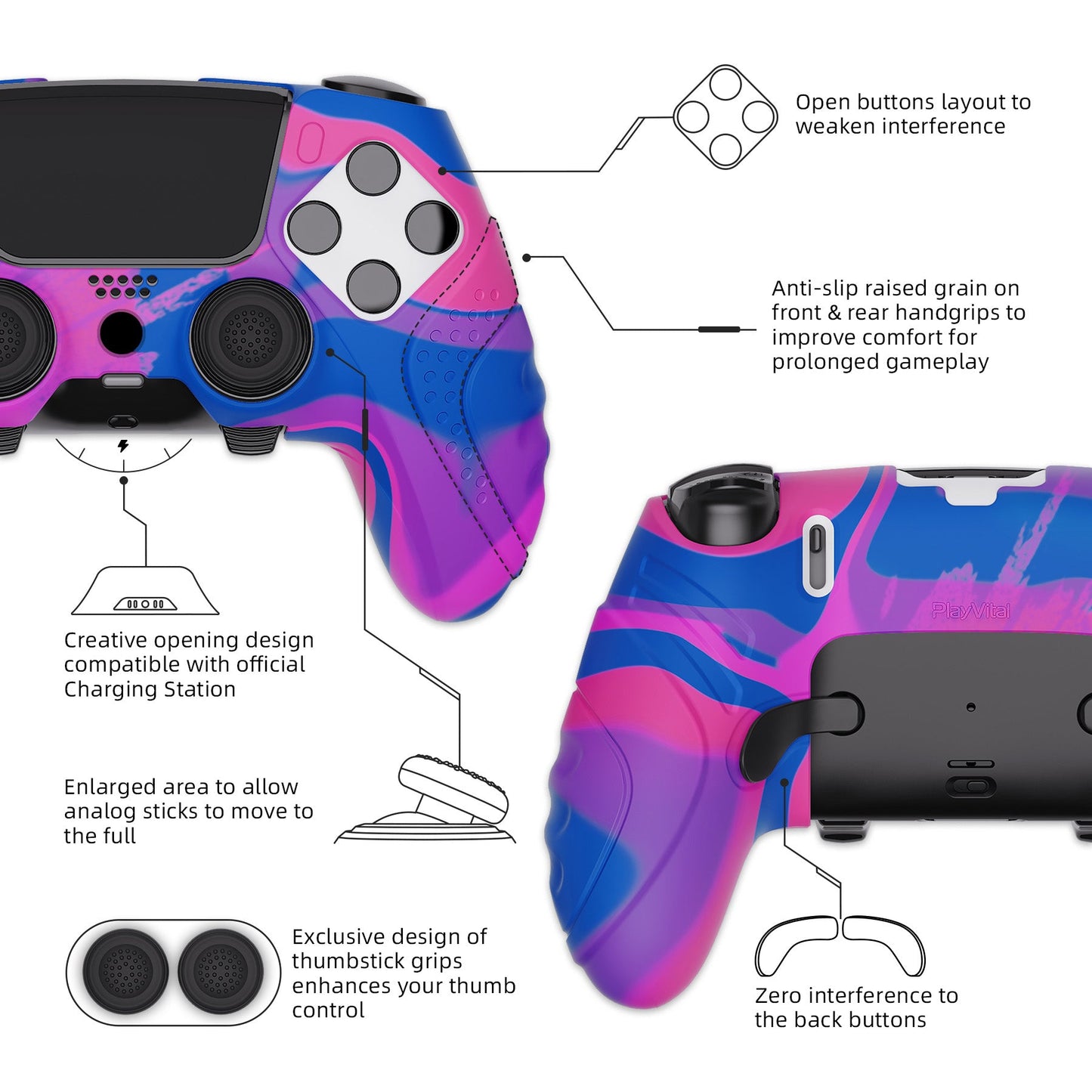 PlayVital Guardian Edition Anti-Slip Ergonomic Silicone Cover Case with Thumb Grip Caps for PS5 Edge Controller - Pink & Purple & Blue - EHPFP013 PlayVital