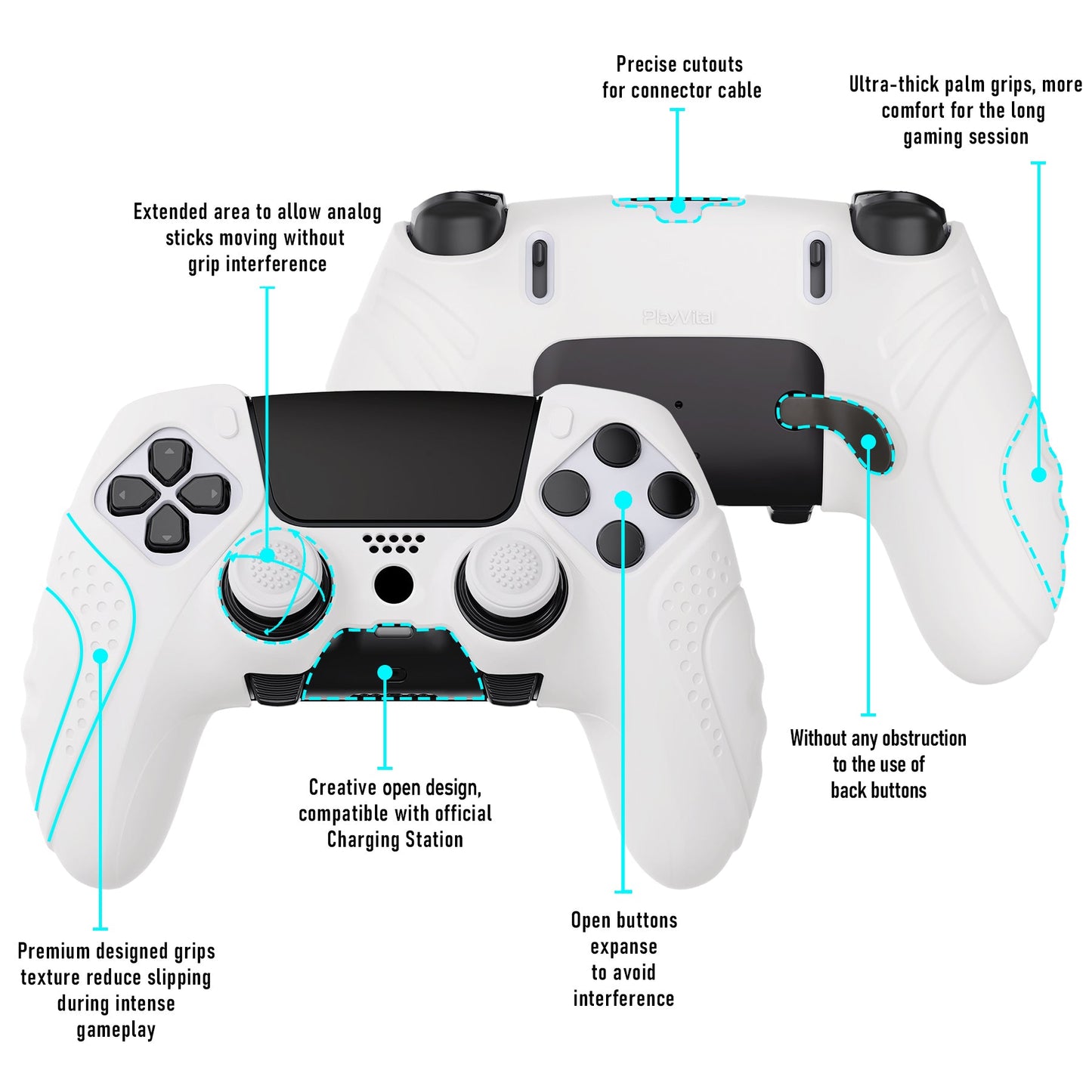 PlayVital Guardian Edition Anti-Slip Ergonomic Silicone Cover Case with Thumb Grip Caps for PS5 Edge Controller - White - EHPFP002 PlayVital