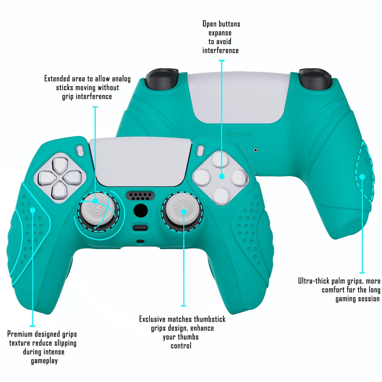 PlayVital Guardian Edition Anti-Slip Silicone Cover Skin with Thumb Grip Caps for PS5 Wireless Controller - Aqua Green - YHPF010 PlayVital