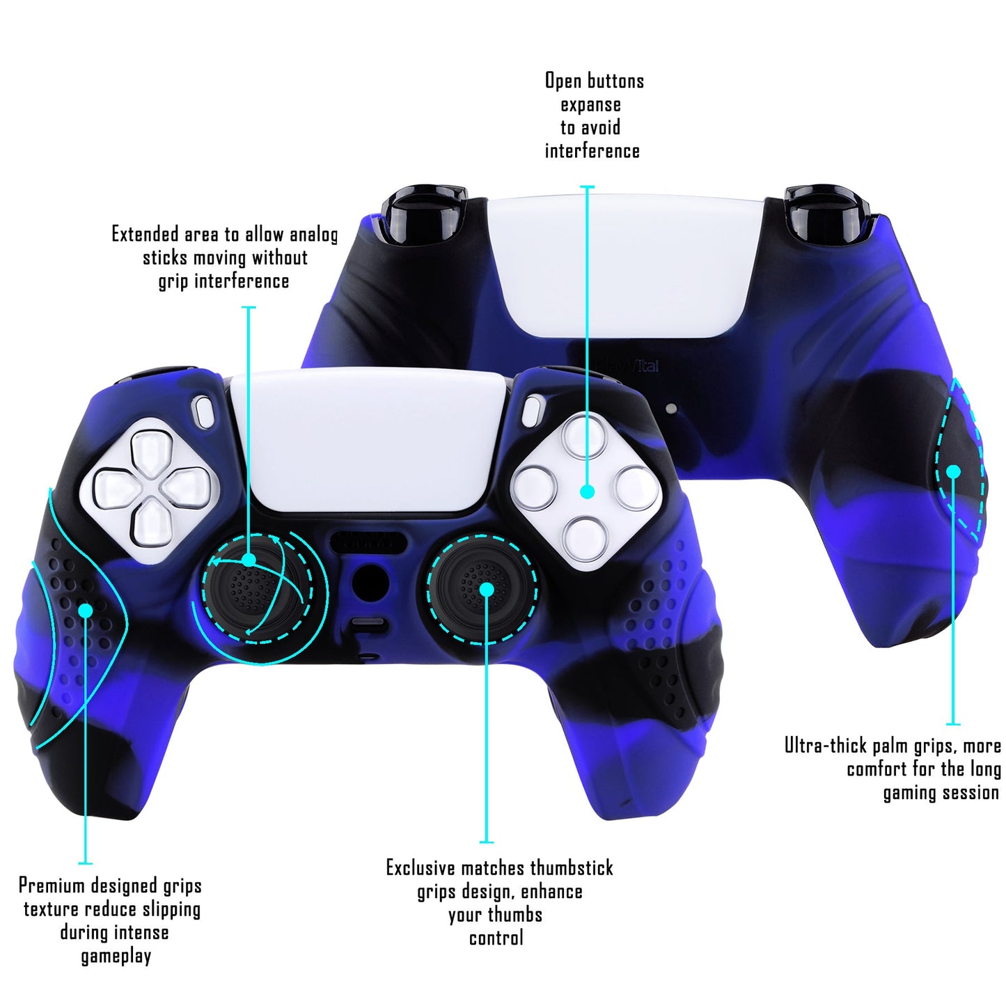 PlayVital Guardian Edition Anti-Slip Silicone Cover Skin with Thumb Grip Caps for PS5 Wireless Controller - Blue & Black - YHPF021 PlayVital