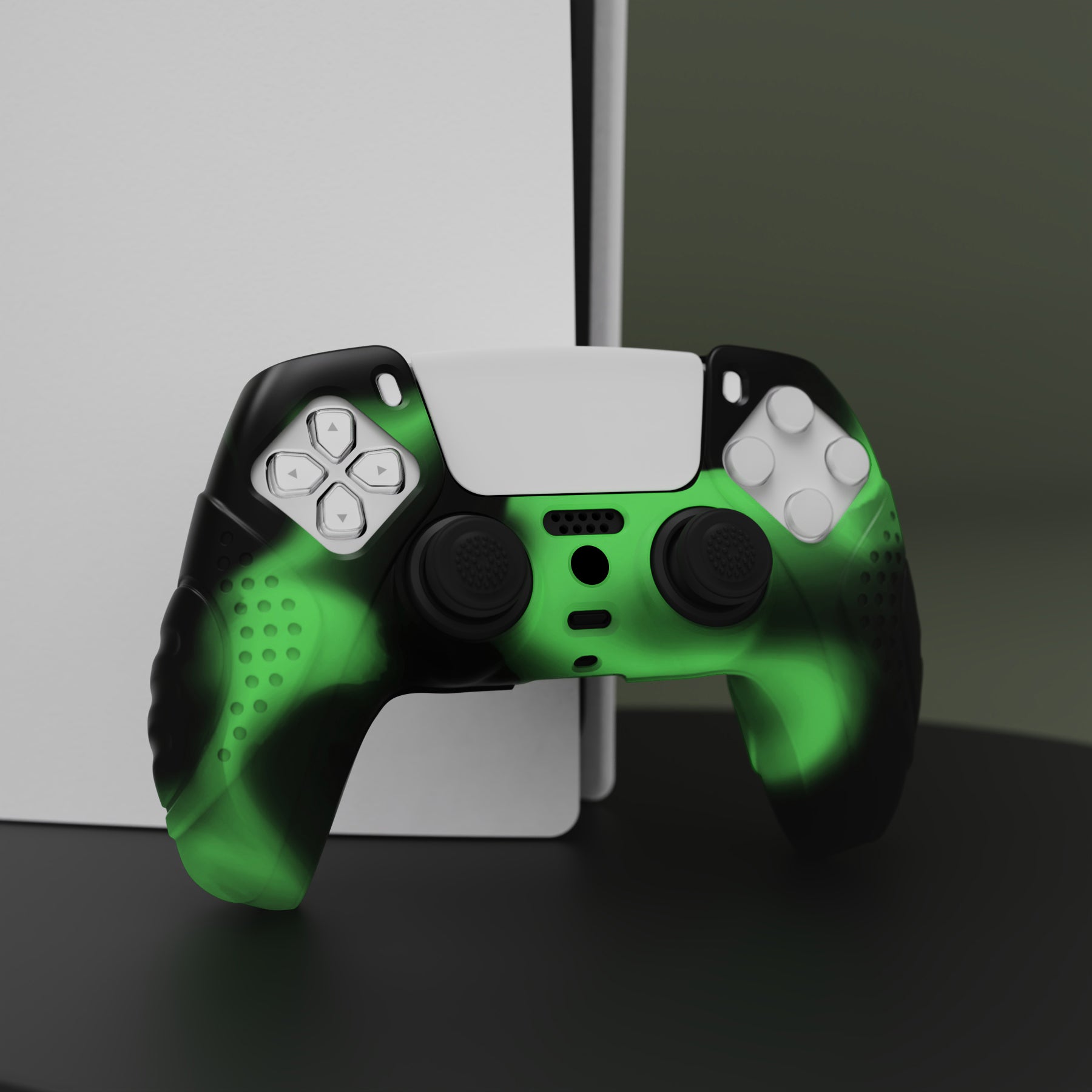 PlayVital Guardian Edition Anti-Slip Silicone Cover Skin with Thumb Grip Caps for PS5 Wireless Controller - Green & Black - YHPF022 PlayVital