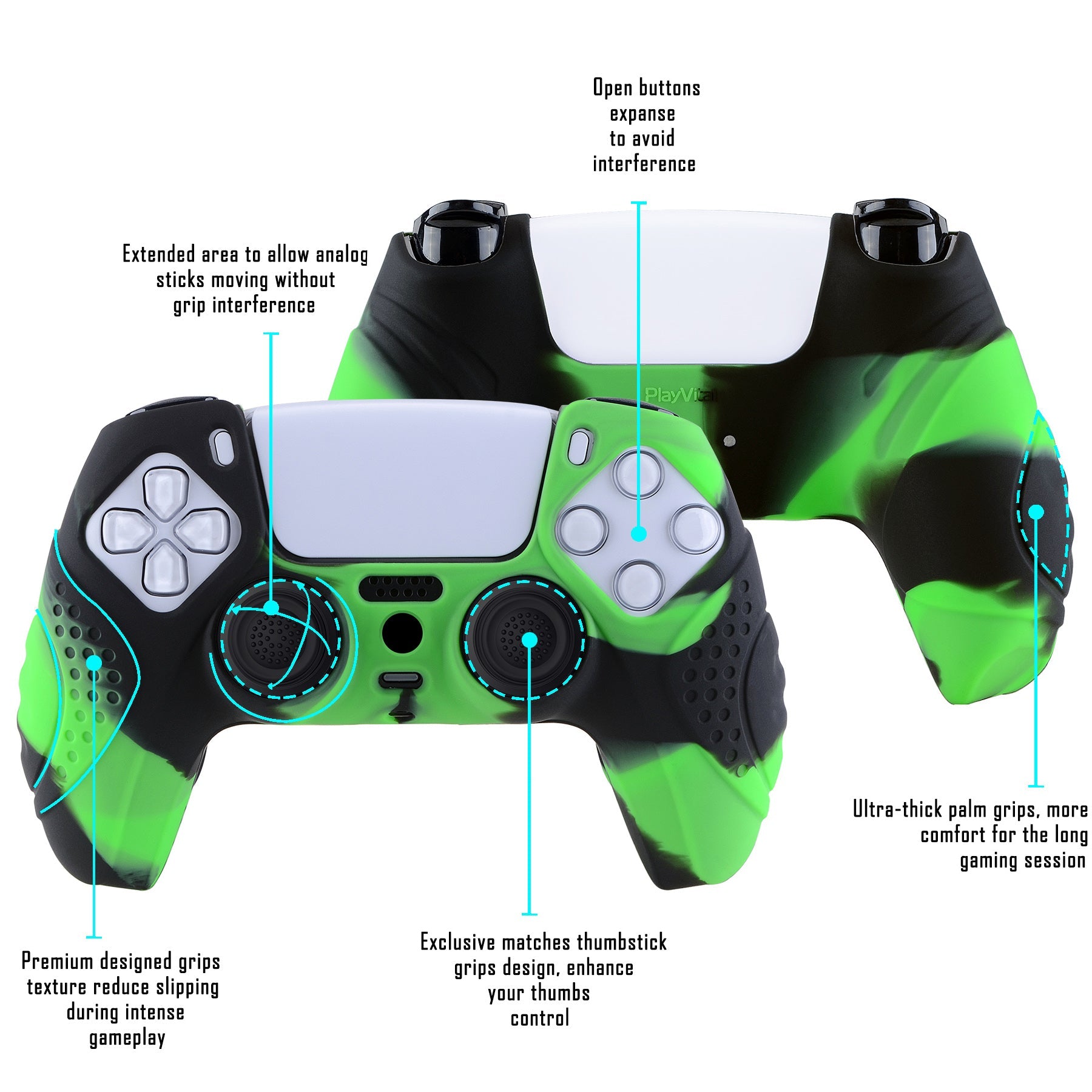 PlayVital Guardian Edition Anti-Slip Silicone Cover Skin with Thumb Grip Caps for PS5 Wireless Controller - Green & Black - YHPF022 PlayVital