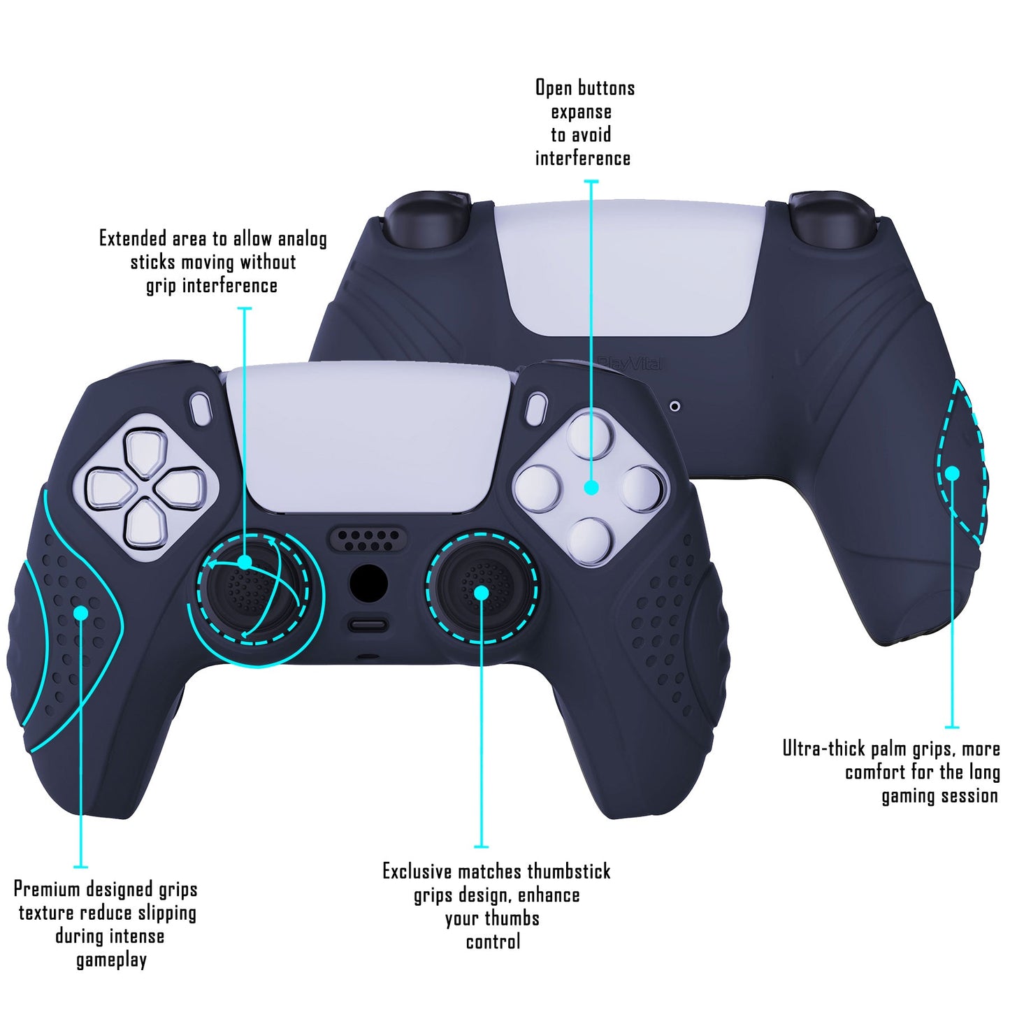 PlayVital Guardian Edition Anti-Slip Silicone Cover Skin with Thumb Grip Caps for PS5 Wireless Controller - Midnight Blue - YHPF003 PlayVital