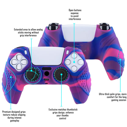 PlayVital Guardian Edition Anti-Slip Silicone Cover Skin with Thumb Grip Caps for PS5 Wireless Controller - Pink & Purple & Blue - YHPF019 PlayVital