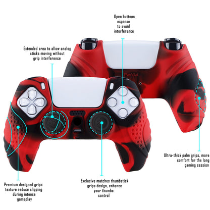 PlayVital Guardian Edition Anti-Slip Silicone Cover Skin with Thumb Grip Caps for PS5 Wireless Controller - Red & Black - YHPF020 PlayVital