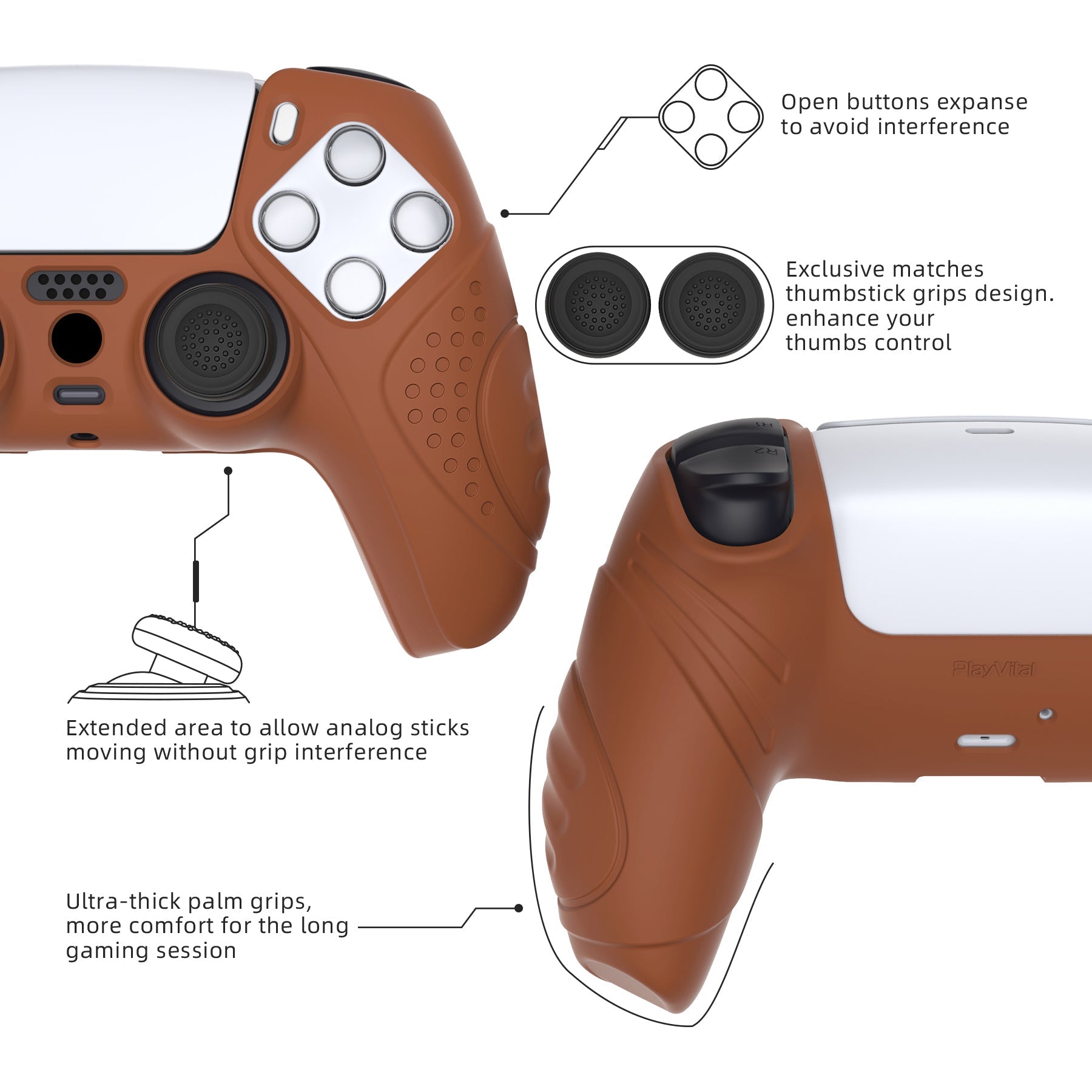 PlayVital Guardian Edition Anti-Slip Silicone Cover Skin with Thumb Grip Caps for PS5 Wireless Controller - Signal Brown - YHPF025 PlayVital