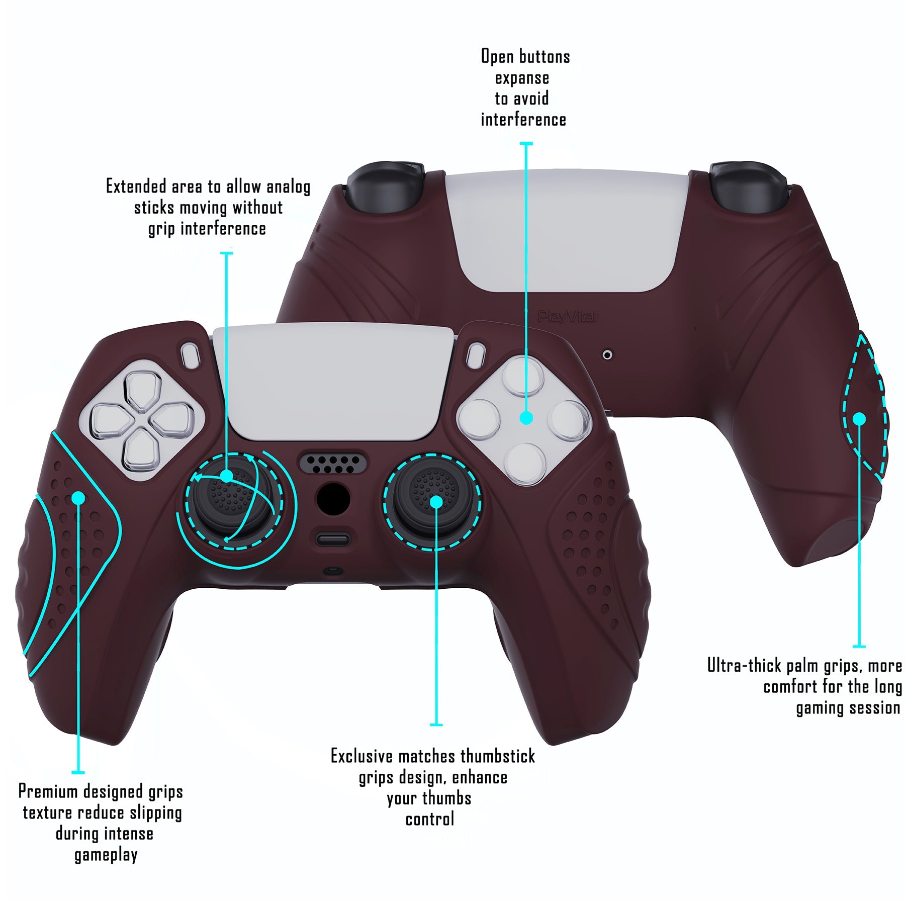 PlayVital Guardian Edition Anti-Slip Silicone Cover Skin with Thumb Grip Caps for PS5 Wireless Controller - Wine Red - YHPF011 PlayVital