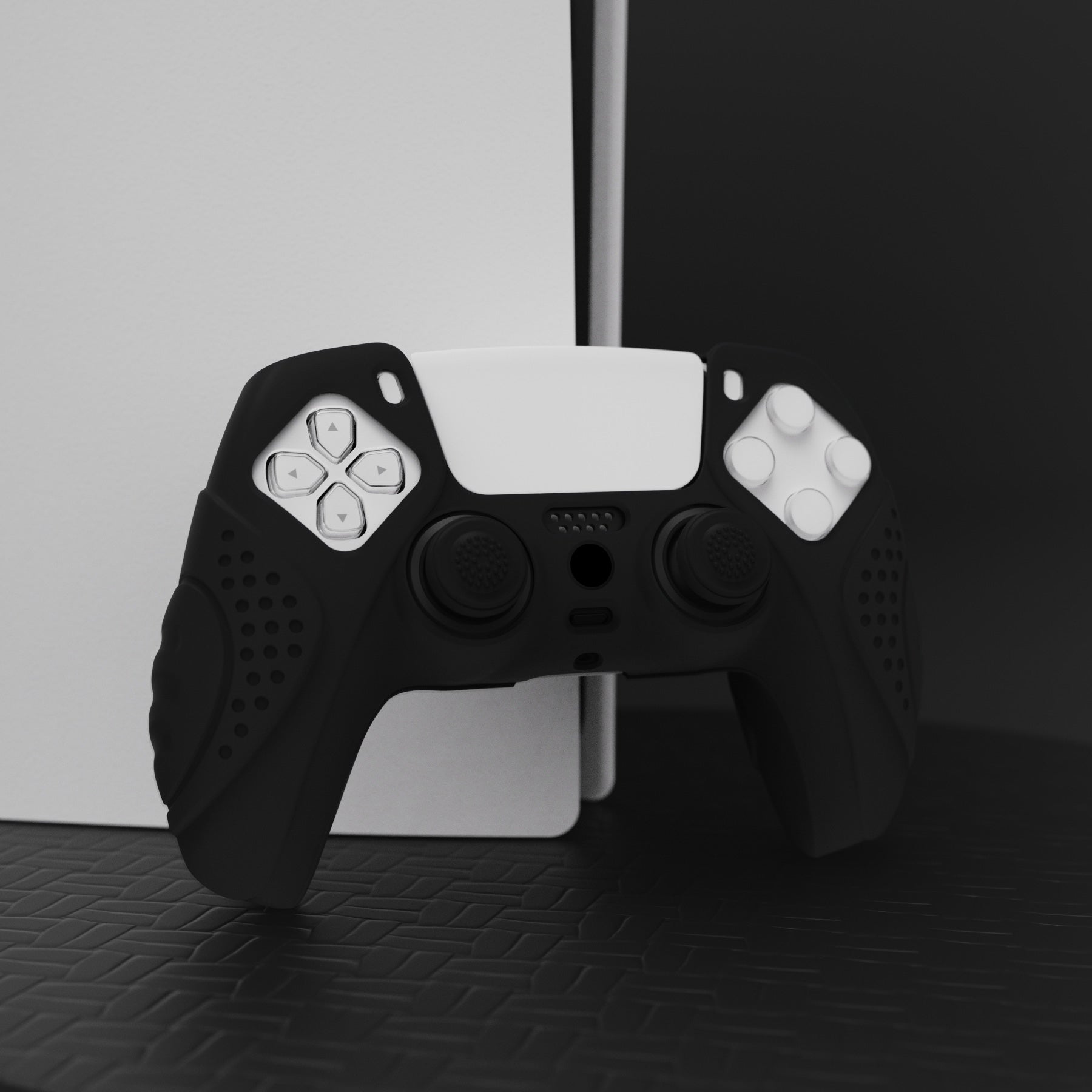 PlayVital Guardian Edition Anti-Slip Silicone Cover Skin with Thumb Grip Caps for PS5 Wireless Controller - Black - YHPF001 PlayVital