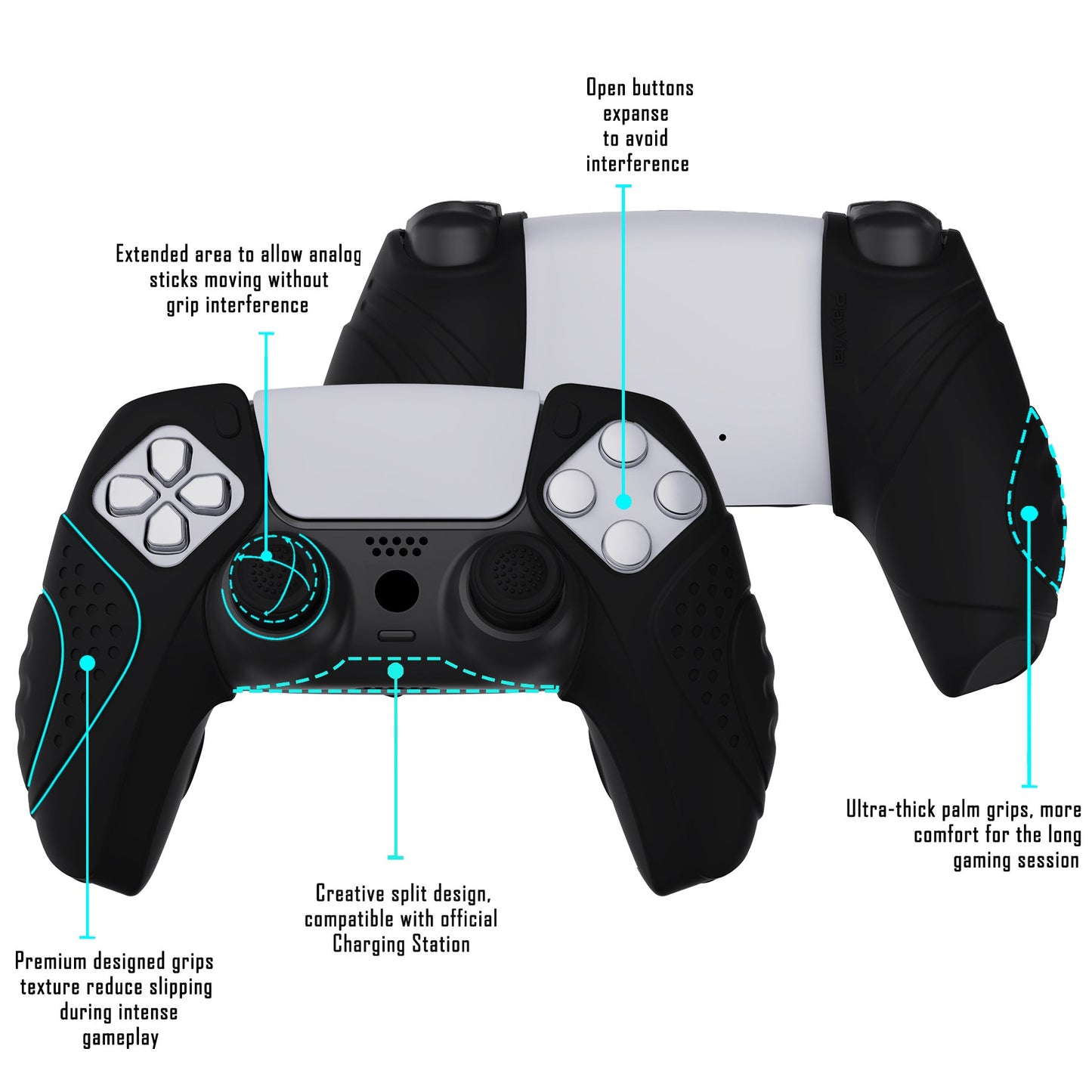 PlayVital Guardian Edition Ergonomic Anti-Slip Silicone Cover Skin with Thumb Grip Caps for PS5 Wireless Controller, Compatible with Charging Station - Black - YHPF014 PlayVital