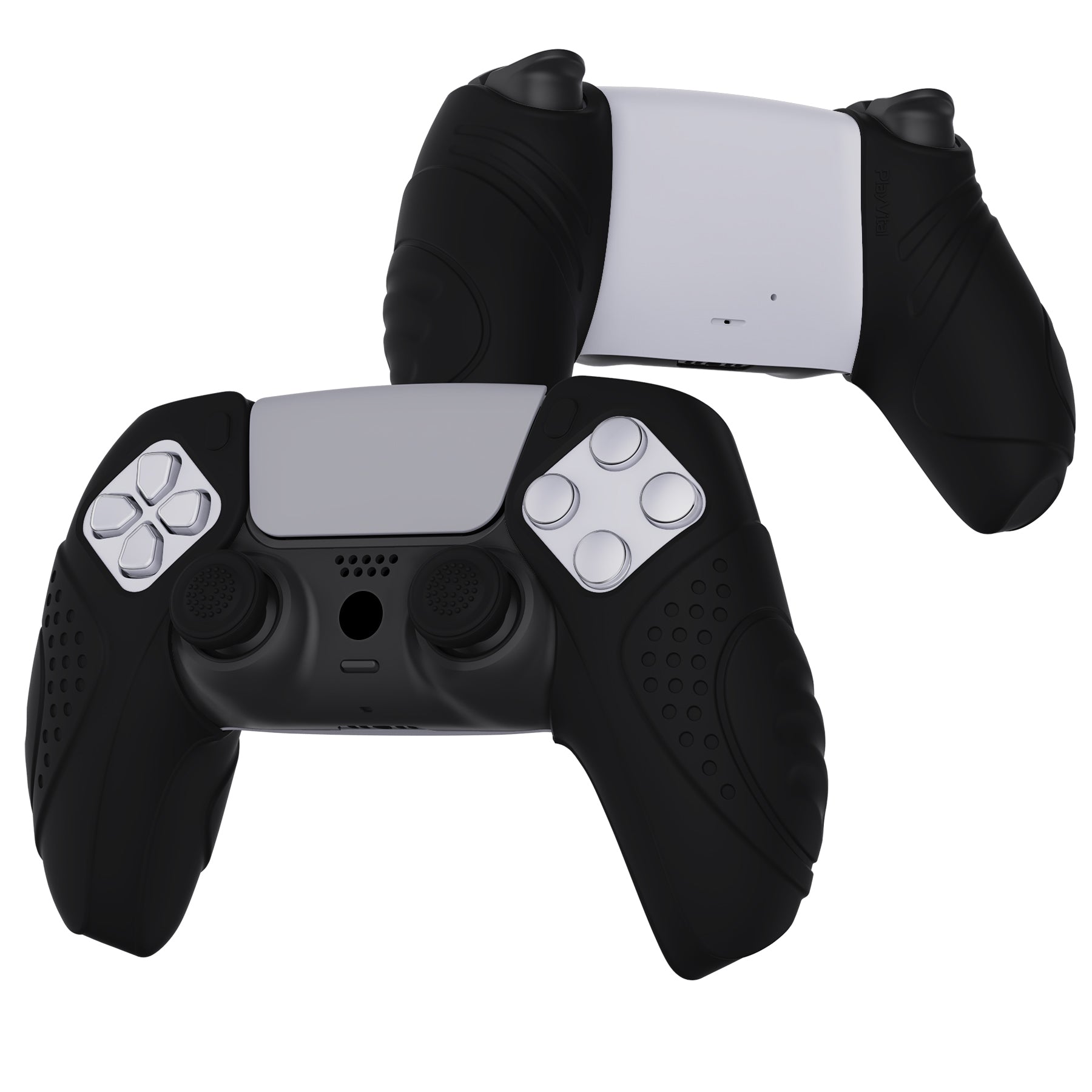 PlayVital Guardian Edition Ergonomic Anti-Slip Silicone Cover Skin with Thumb Grip Caps for PS5 Wireless Controller, Compatible with Charging Station - Black - YHPF014 PlayVital