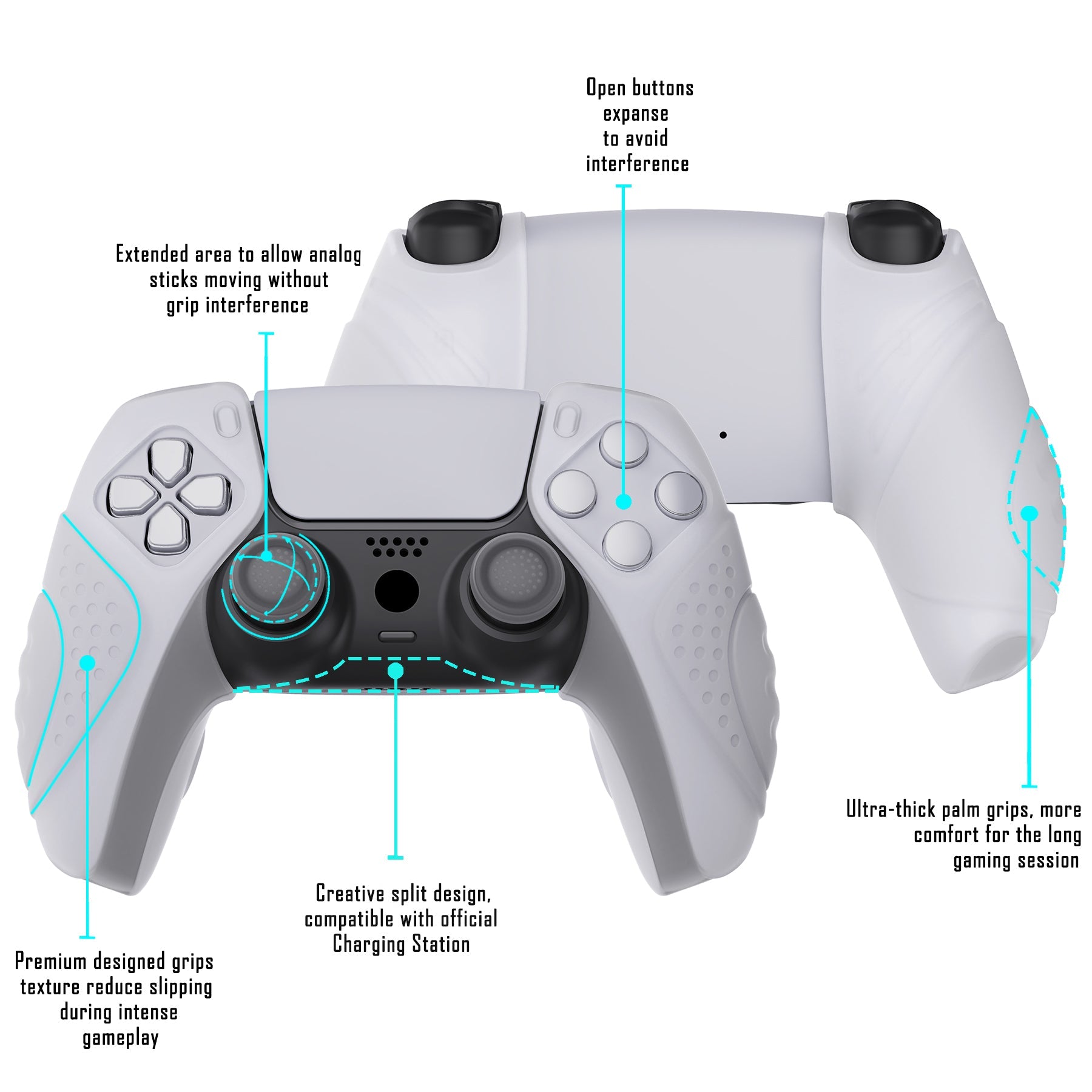 PlayVital Guardian Edition Ergonomic Anti-Slip Silicone Cover Skin with Thumb Grip Caps for PS5 Wireless Controller, Compatible with Charging Station - Clear White - YHPF018 PlayVital