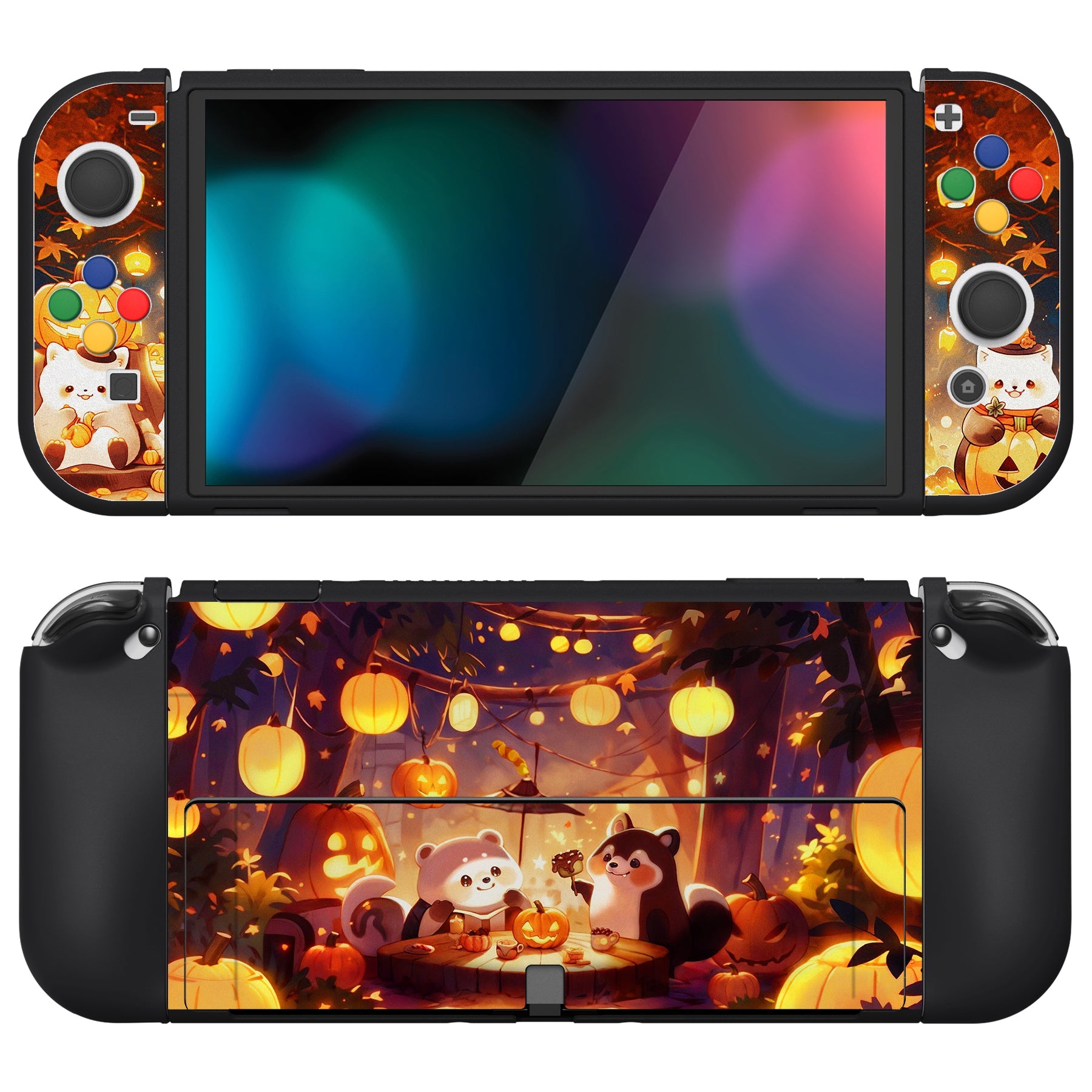 PlayVital ZealProtect Soft Protective Case for Switch OLED, Flexible Protector Joycon Grip Cover for Switch OLED with Thumb Grip Caps & ABXY Direction Button Caps - Halloween Pumpkin Fest - XSOYV6043 playvital