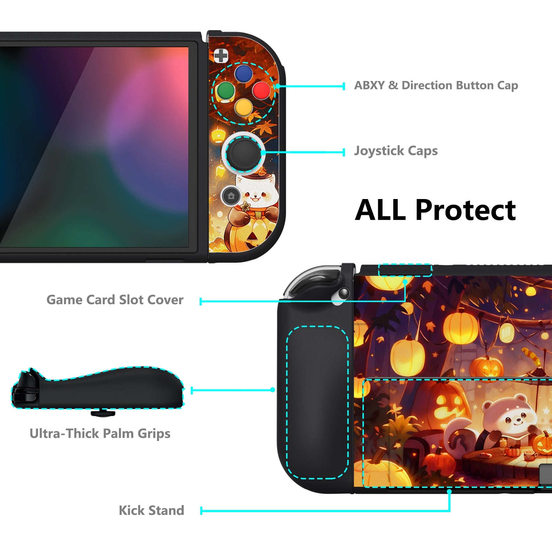 PlayVital ZealProtect Soft Protective Case for Switch OLED, Flexible Protector Joycon Grip Cover for Switch OLED with Thumb Grip Caps & ABXY Direction Button Caps - Halloween Pumpkin Fest - XSOYV6043 playvital