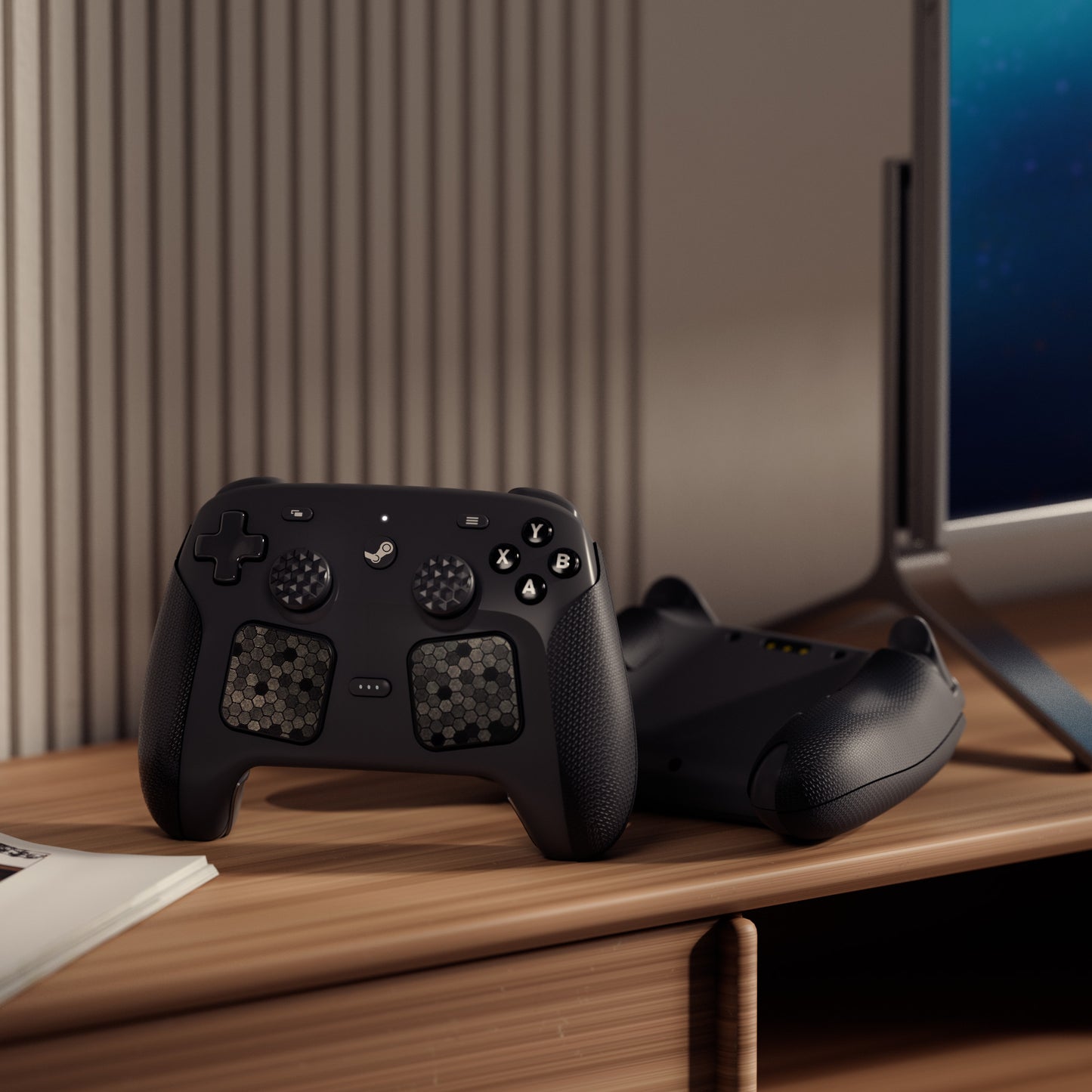 PlayVital Steam Controller 2 用 六角ダイヤテクスチャ グリップステッカーセット 滑り止めPUグリップスキン タッチパッドステッカー・サムスティックグリップ付き【ブラック】