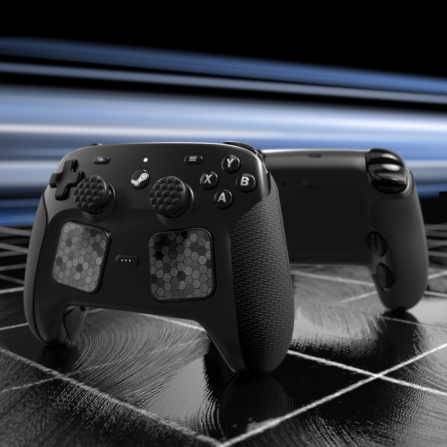 PlayVital Steam Controller 2 用 六角ダイヤテクスチャ グリップステッカーセット 滑り止めPUグリップスキン タッチパッドステッカー・サムスティックグリップ付き【ブラック】