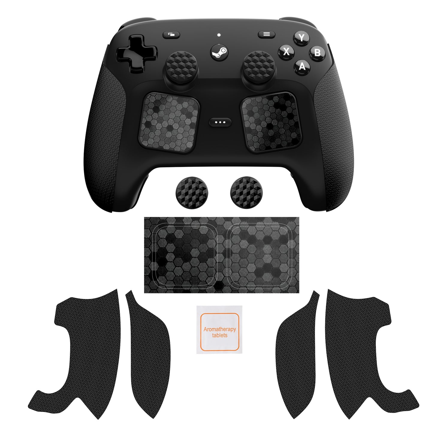 PlayVital Steam Controller 2 用 六角ダイヤテクスチャ グリップステッカーセット 滑り止めPUグリップスキン タッチパッドステッカー・サムスティックグリップ付き【ブラック】