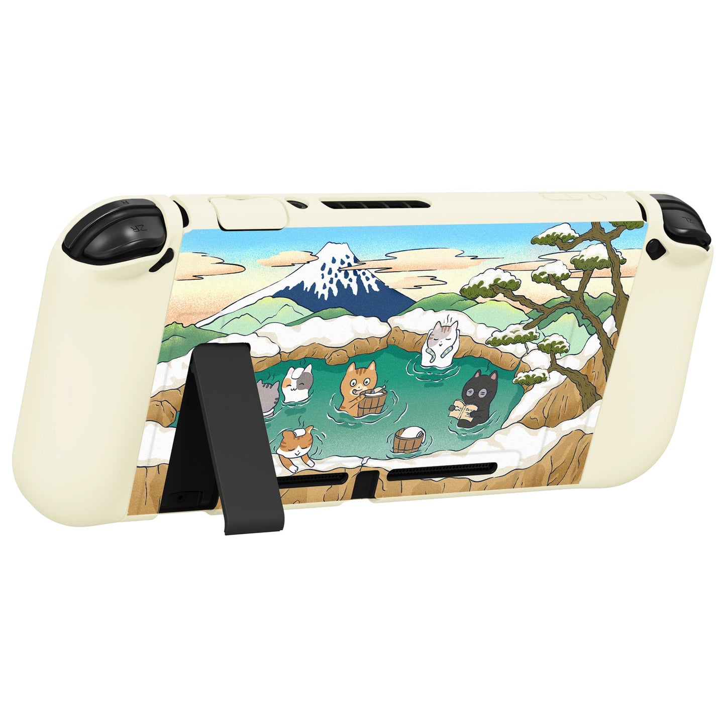 PlayVital ZealProtect Soft Protective Case for Nintendo Switch, Flexible Cover for Switch with Tempered Glass Screen Protector & Thumb Grips & ABXY Direction Button Caps - Hot Spring Kitties - RNSYV6047 playvital