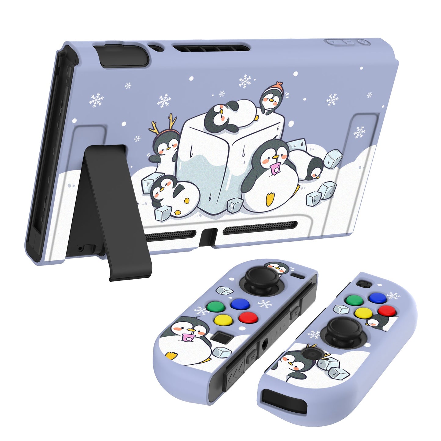 PlayVital ICY Cube Penguin Protective Case for NS, Soft TPU Slim Case Cover for NS Console with Colorful ABXY Direction Button Caps - NTU6023G2 PlayVital