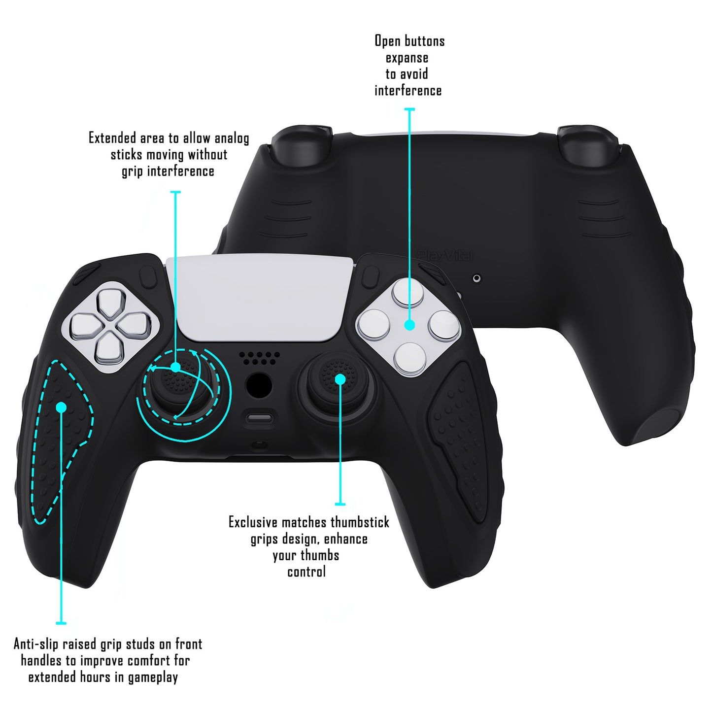 PlayVital Knight Edition Anti-Slip Silicone Cover Skin with Thumb Grip Caps for PS5 Wireless Controller - Black - QSPF001 PlayVital