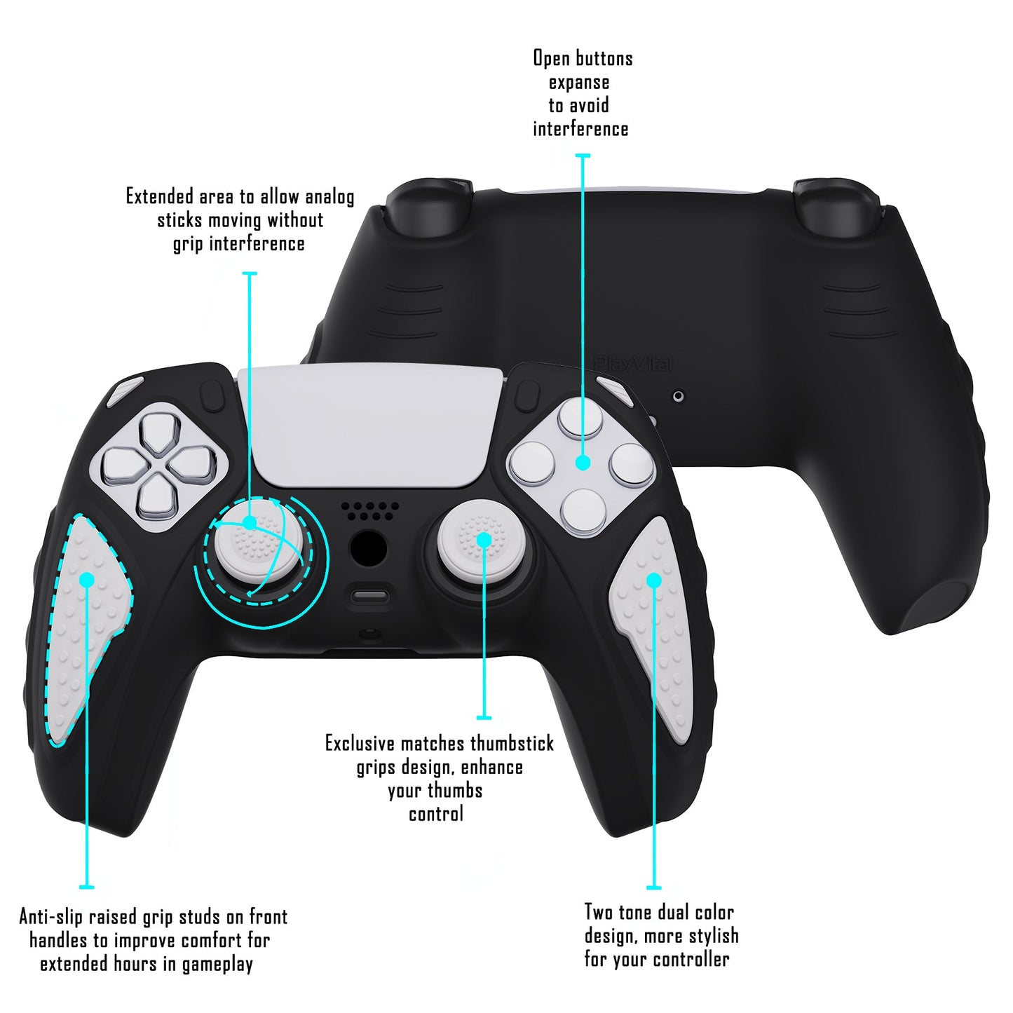 PlayVital Knight Edition Anti-Slip Silicone Cover Skin with Thumb Grip Caps for PS5 Wireless Controller - Black & White - QSPF002 PlayVital