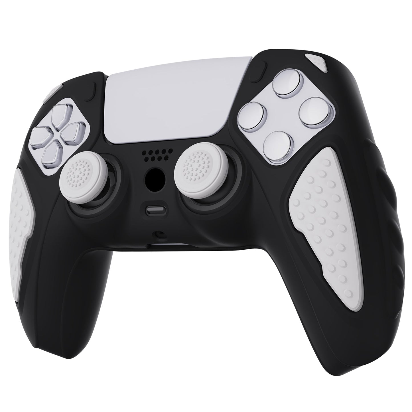 PlayVital Knight Edition Anti-Slip Silicone Cover Skin with Thumb Grip Caps for PS5 Wireless Controller - Black & White - QSPF002 PlayVital