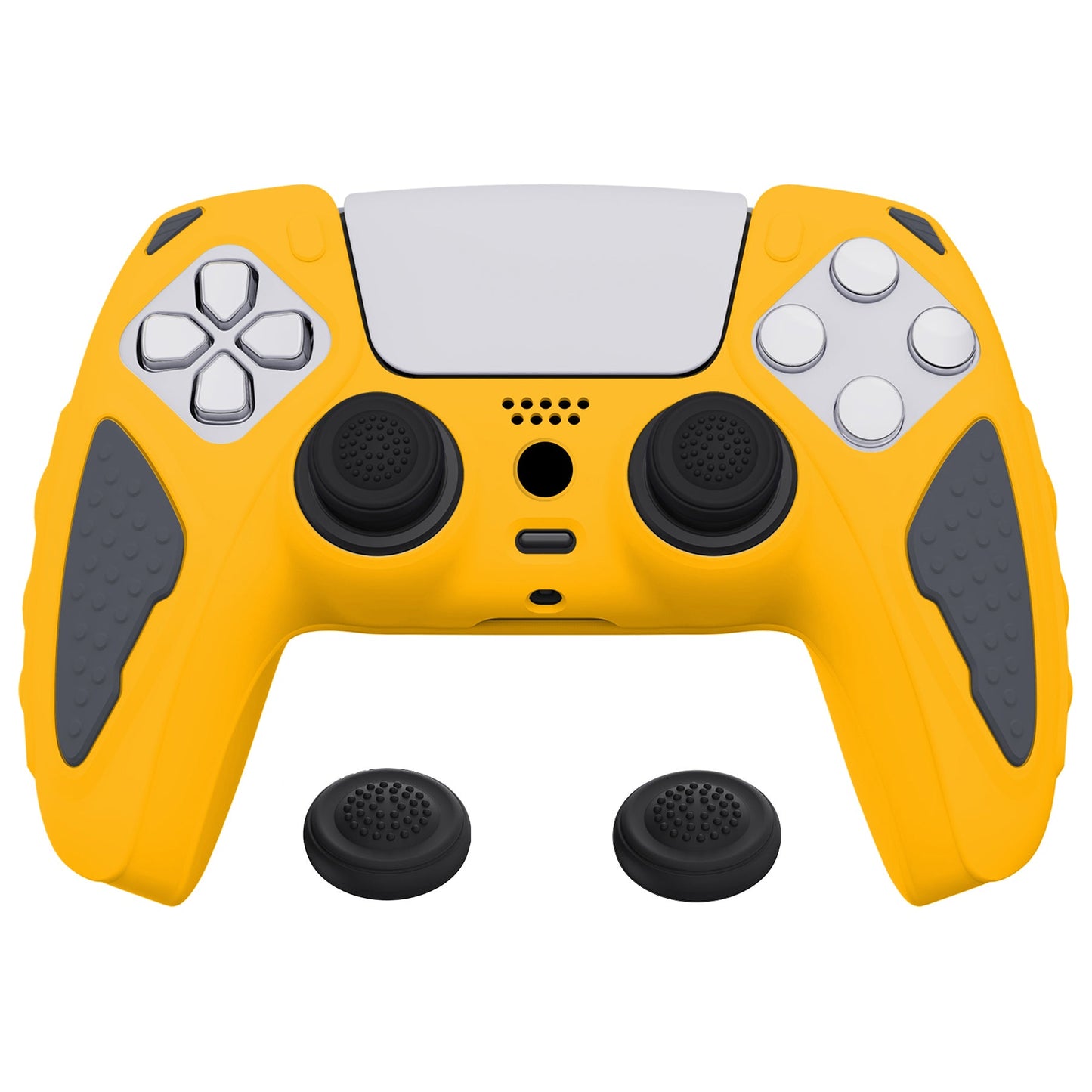 PlayVital Knight Edition Anti-Slip Silicone Cover Skin with Thumb Grip Caps for PS5 Wireless Controller - Caution Yellow & Graphite Gray - QSPF014 PlayVital