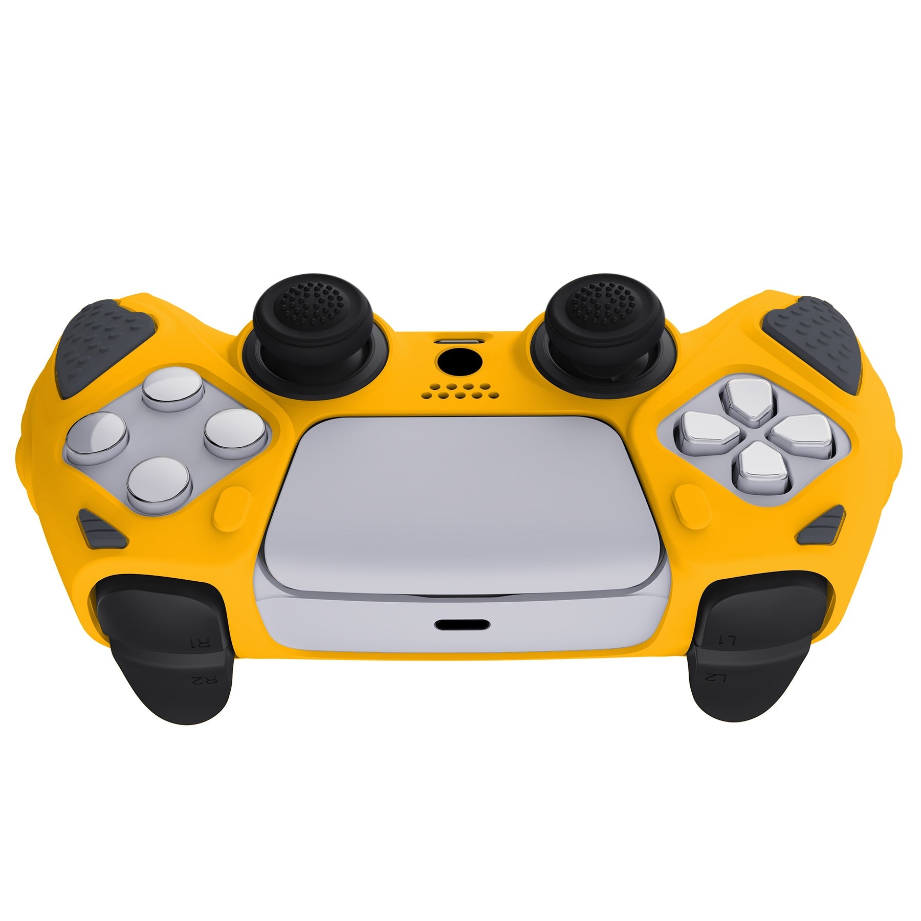 PlayVital Knight Edition Anti-Slip Silicone Cover Skin with Thumb Grip Caps for PS5 Wireless Controller - Caution Yellow & Graphite Gray - QSPF014 PlayVital