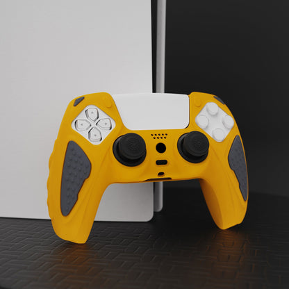 PlayVital Knight Edition Anti-Slip Silicone Cover Skin with Thumb Grip Caps for PS5 Wireless Controller - Caution Yellow & Graphite Gray - QSPF014 PlayVital