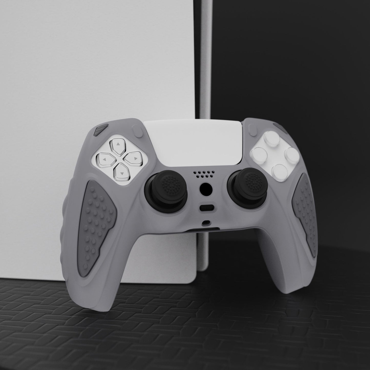 PlayVital Knight Edition Anti-Slip Silicone Cover Skin with Thumb Grip Caps for PS5 Wireless Controller - Metallic Gray & Dark Gray - QSPF011 PlayVital