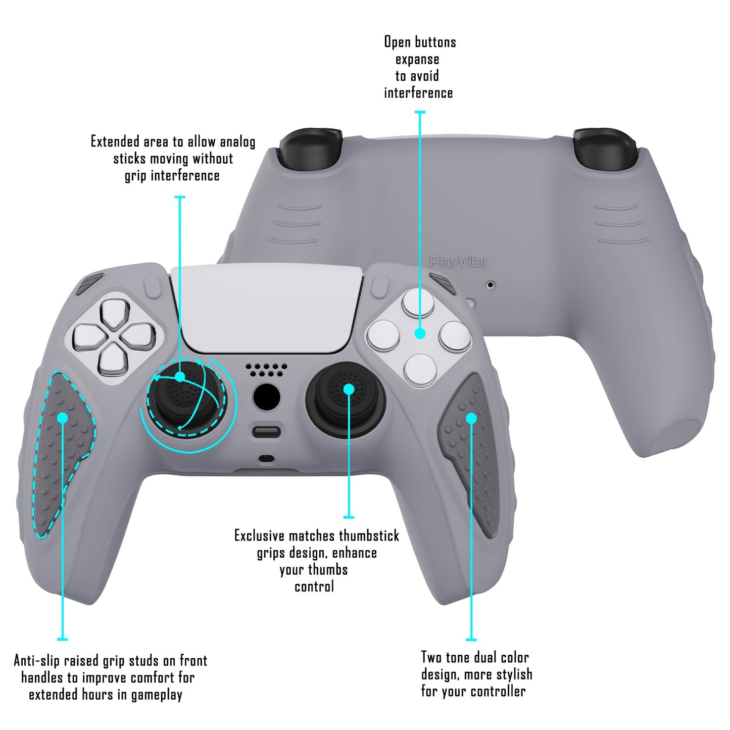 PlayVital Knight Edition Anti-Slip Silicone Cover Skin with Thumb Grip Caps for PS5 Wireless Controller - Metallic Gray & Dark Gray - QSPF011 PlayVital