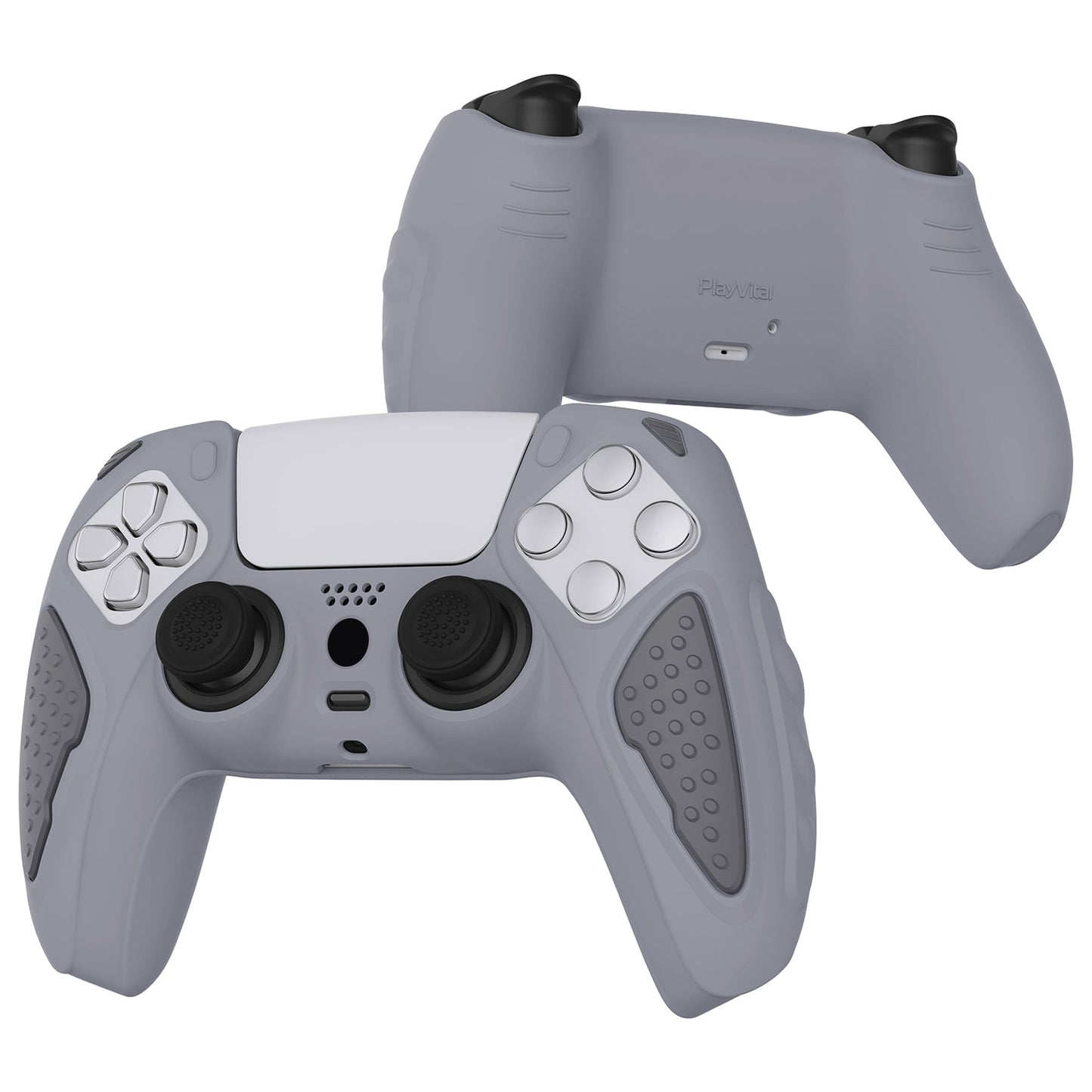 PlayVital Knight Edition Anti-Slip Silicone Cover Skin with Thumb Grip Caps for PS5 Wireless Controller - Metallic Gray & Dark Gray - QSPF011 PlayVital