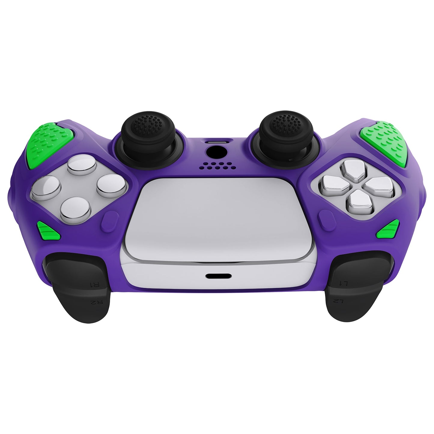 PlayVital Knight Edition Anti-Slip Silicone Cover Skin with Thumb Grip Caps for PS5 Wireless Controller - Neon Genesis Purple & Green - QSPF015 PlayVital